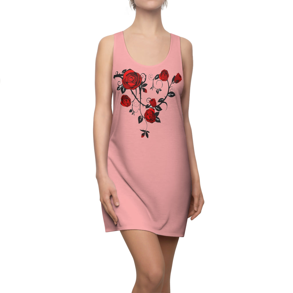 Pink Floral Dress with Red Roses | Lightweight Summer Racerback Dress