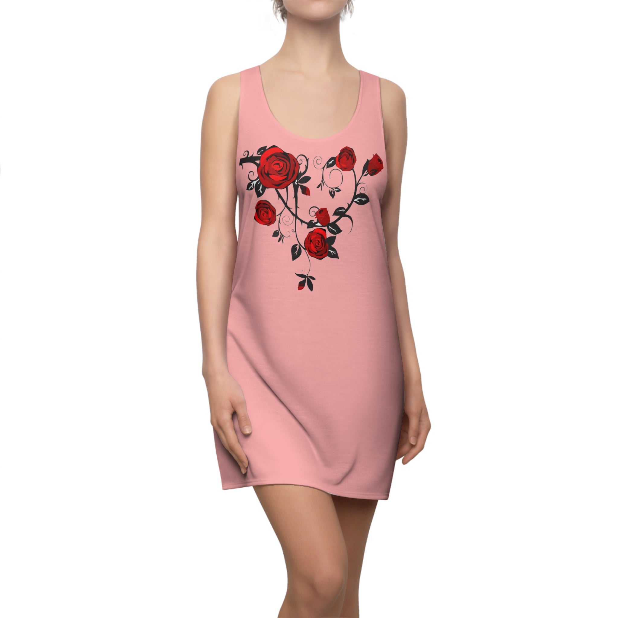 Pink Floral Dress with Red Roses | Lightweight Summer Racerback Dress
