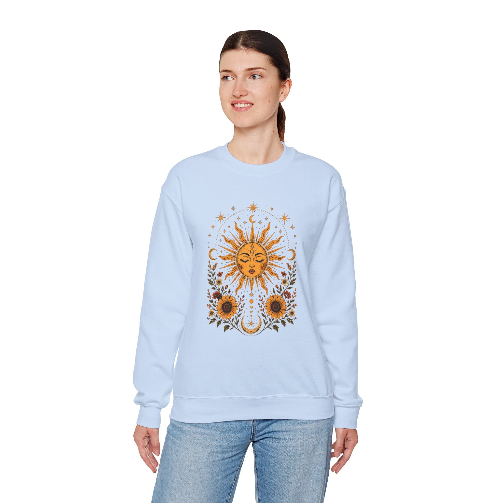 Sun & Sunflower Crewneck Sweatshirt, Boho Celestial Sweatshirt, Vintage Sun Graphic, Cozy Unisex Pullover, Gift for Her