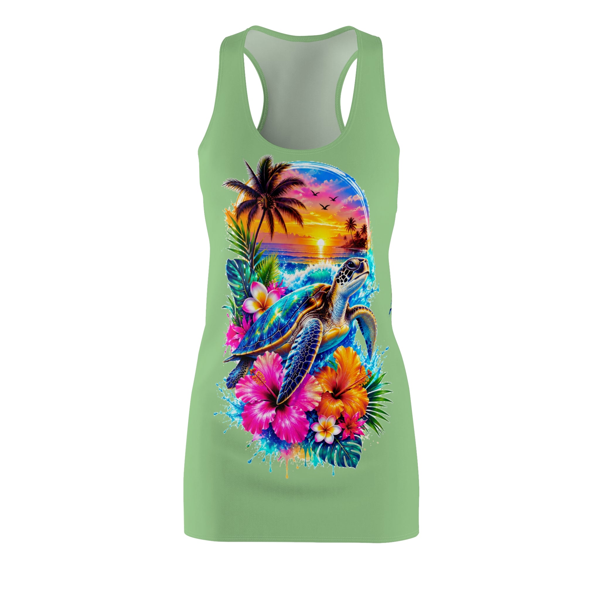 Tropical Sea Turtle Racerback Dress — Sunset Hibiscus Beach Print