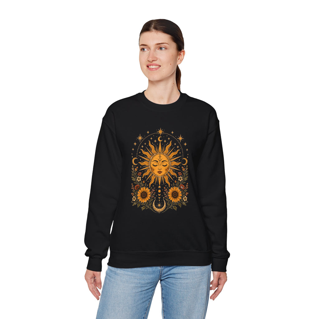 Sun & Sunflower Crewneck Sweatshirt, Boho Celestial Sweatshirt, Vintage Sun Graphic, Cozy Unisex Pullover, Gift for Her