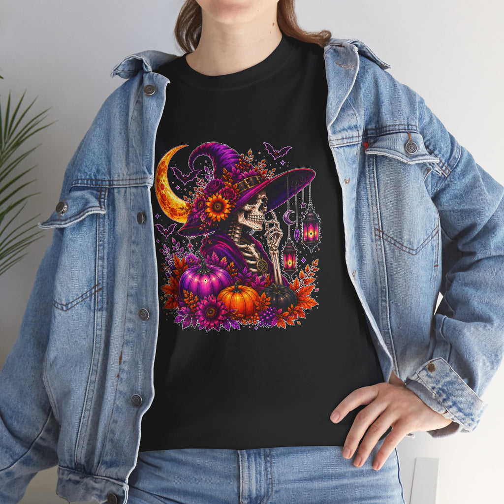 Halloween Witch Skeleton T-Shirt, Spooky Pumpkin Moon Tee, Gothic Fall Graphic Shirt, Halloween Gift for Her