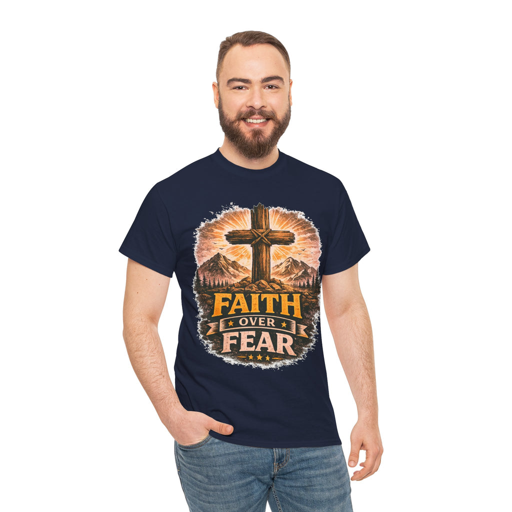 Faith Over Fear T-Shirt | Christian Cross Shirt | Religious Graphic Tee | Bible Verse Gift | Men's Faith Shirt