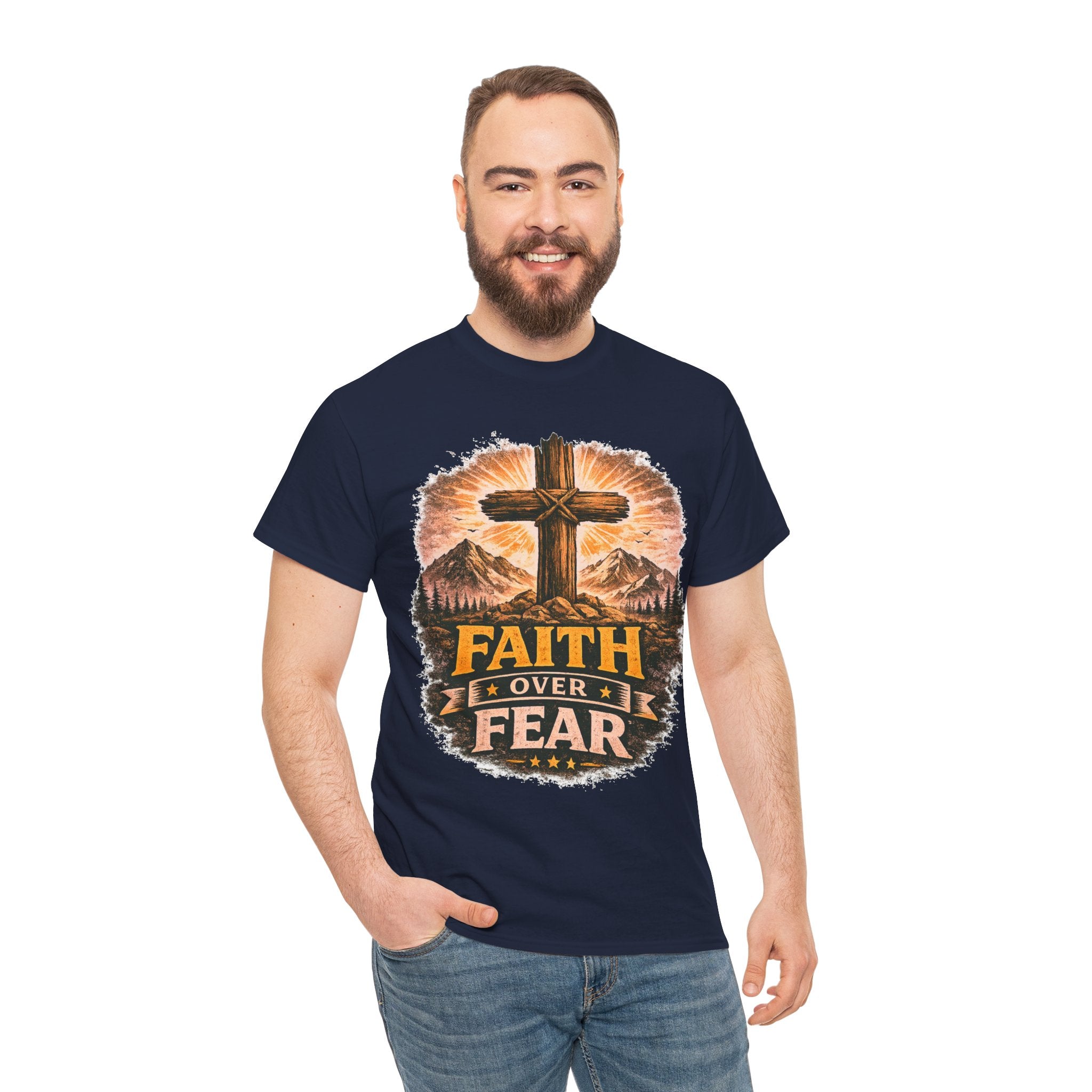 Faith Over Fear T-Shirt | Christian Cross Shirt | Religious Graphic Tee | Bible Verse Gift | Men's Faith Shirt