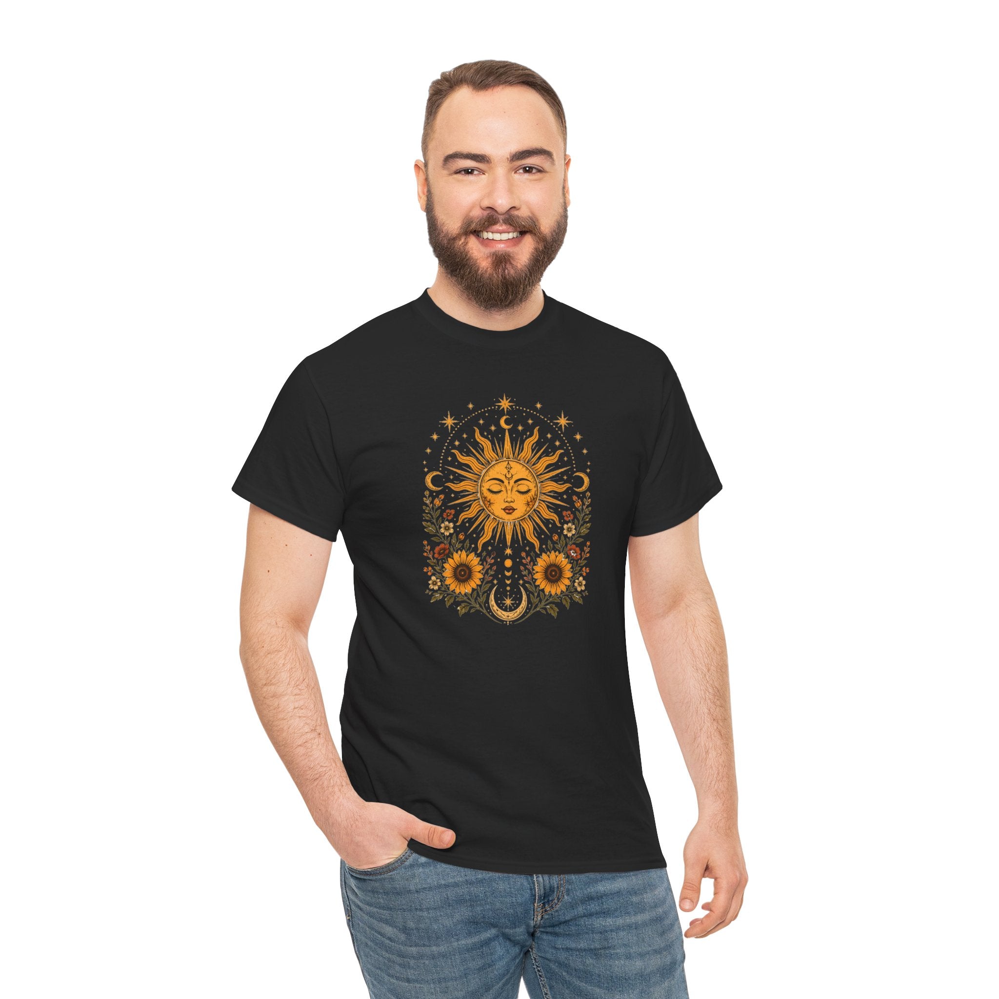 Sun & Sunflower Graphic T-Shirt, Boho Celestial Tee, Vintage Sun Shirt, Spiritual Aesthetic Top, Gift for Her