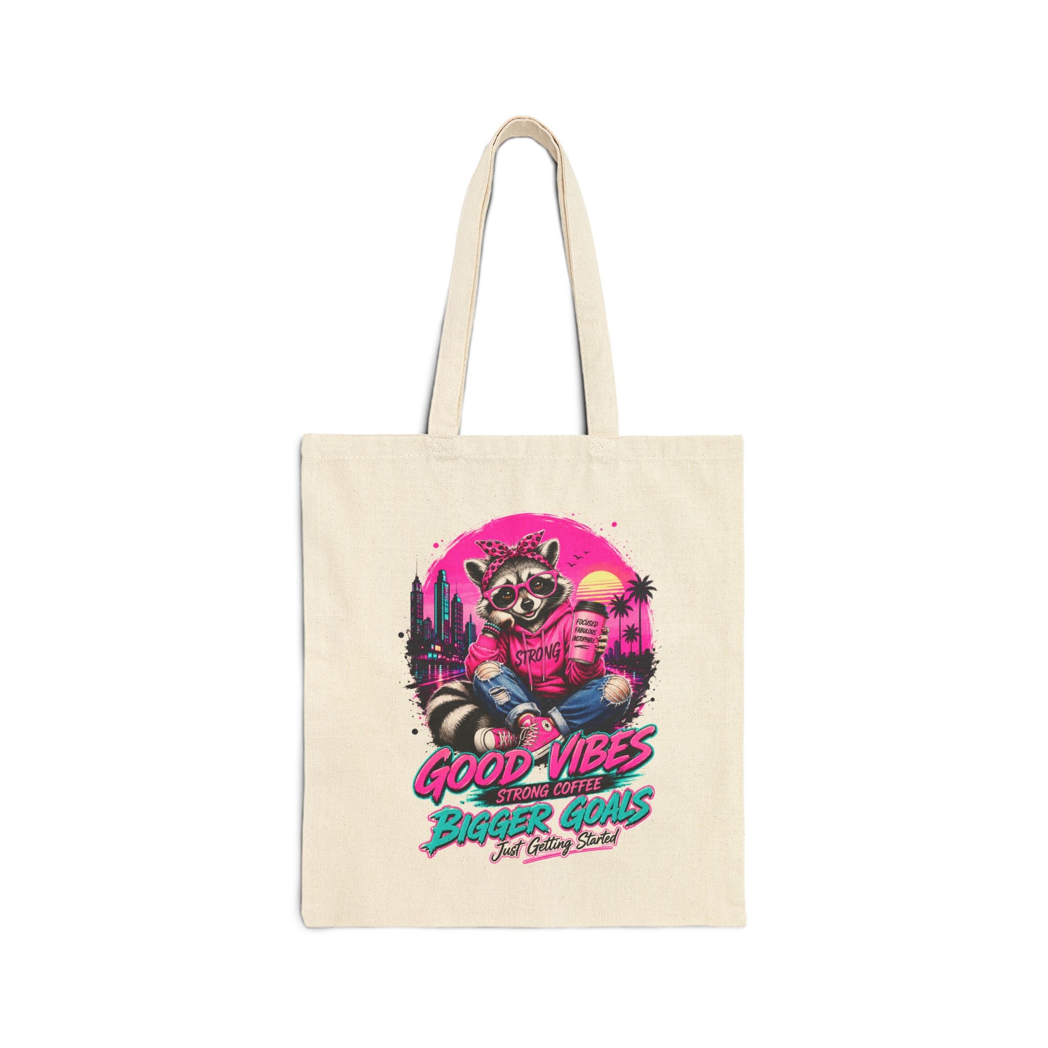 Cute Raccoon Tote Bag, Coffee Lover Gift, Good Vibes Bigger Goals Bag, Funny Reusable Grocery Tote, Aesthetic Canvas Style Shoulder Bag