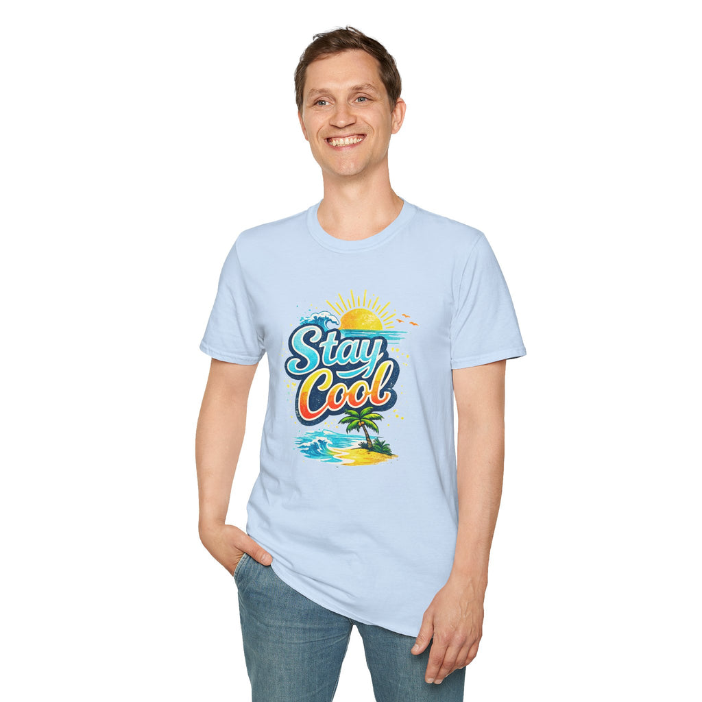 Stay Cool Beach T-Shirt — Vintage Sunset Palm Island Graphic