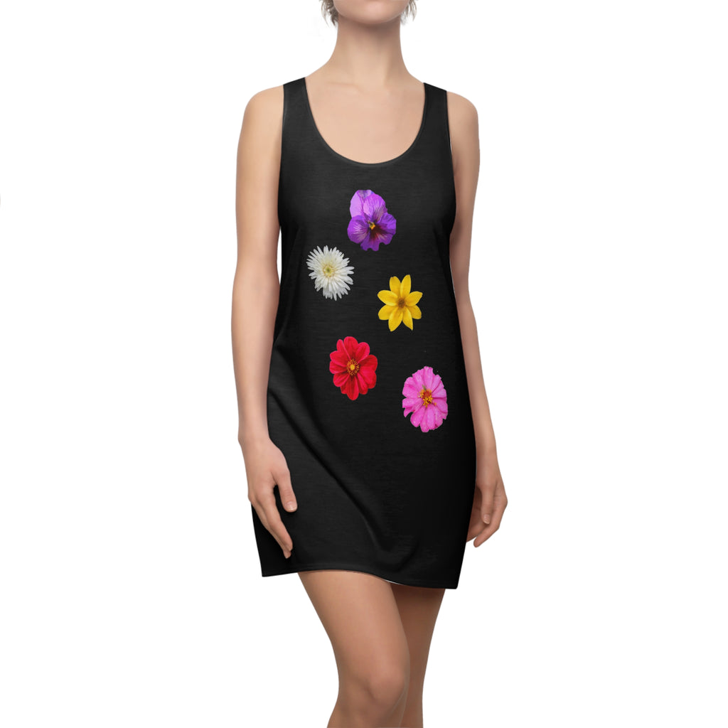 Floral Cascade Racerback Dress — Women's Black AOP Dress with Colorful Flower Print