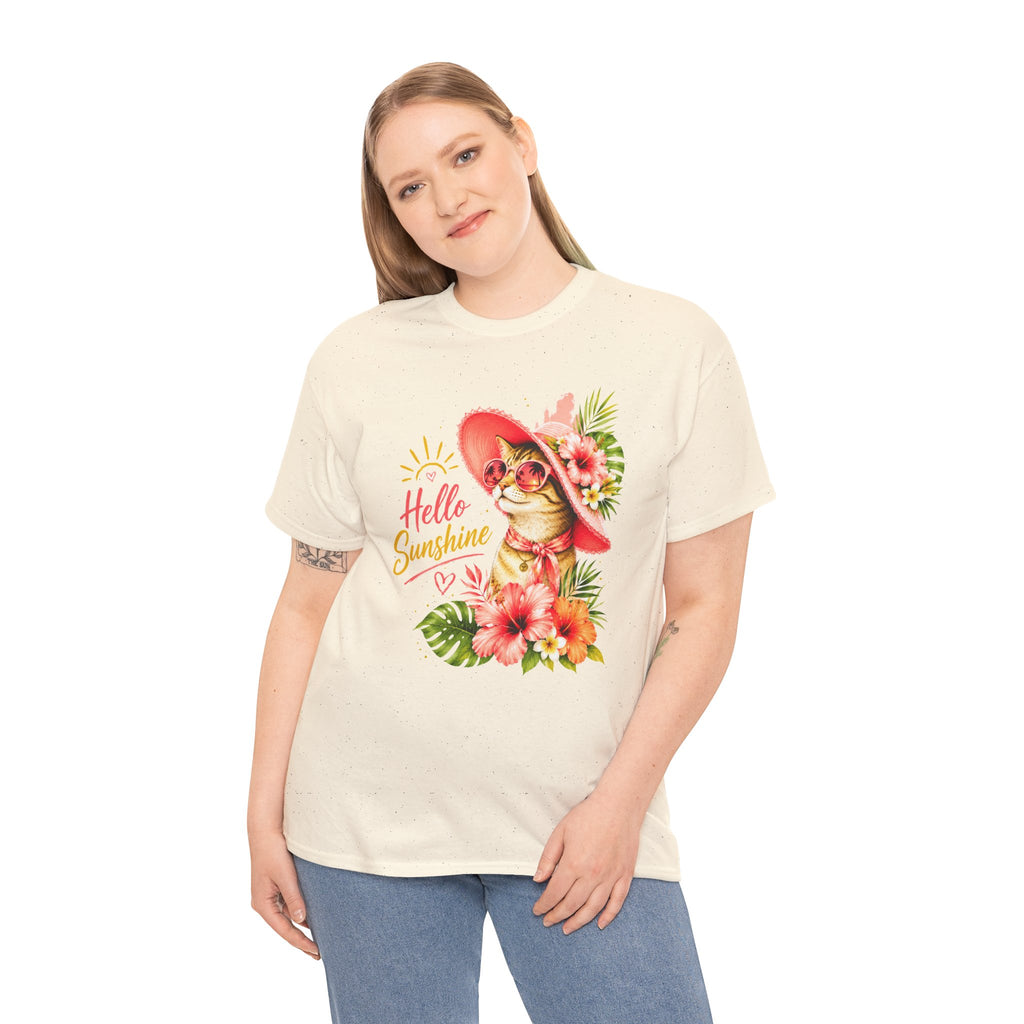 Hello Sunshine Cat Shirt | Cute Floral Cat T-Shirt | Tropical Summer Kitty Tee | Cat Lover Gift | Cute Women's Graphic Tee