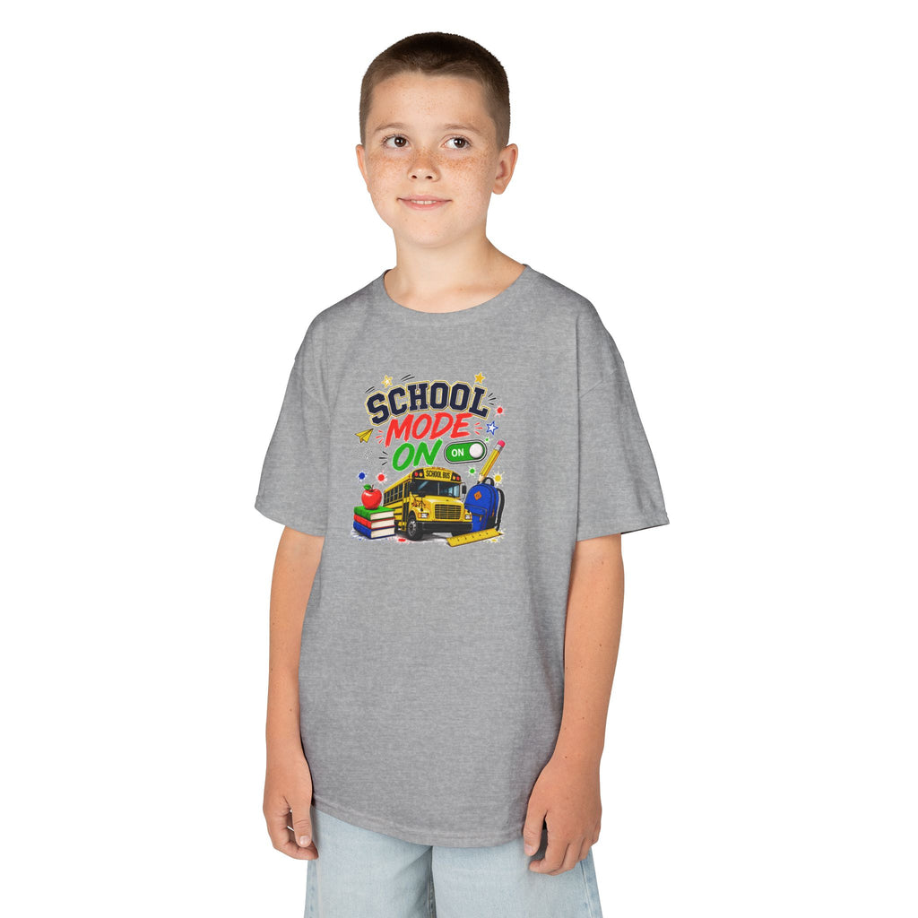 School Mode On Kids T‑Shirt — Back-to-School Graphic Tee with Bus, Books & Apple