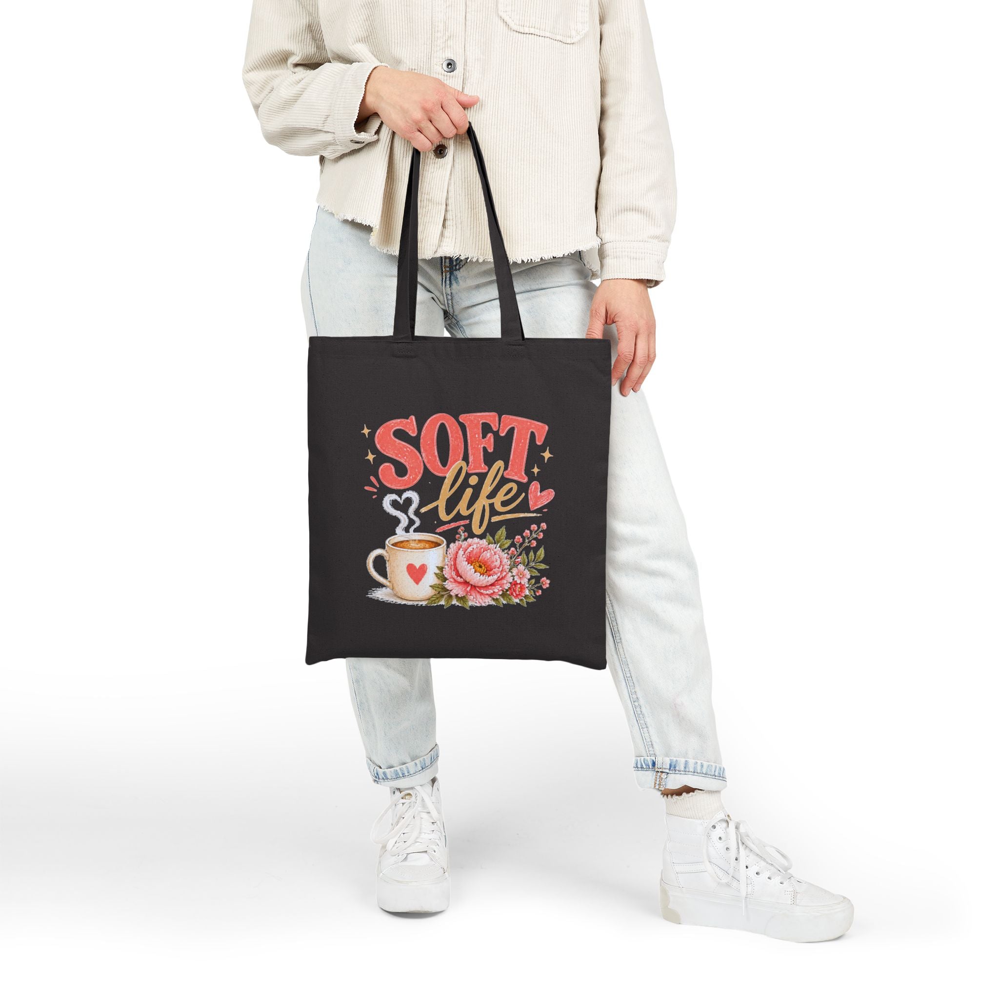 Tote Bag — "Soft Life" Floral Coffee Canvas Tote