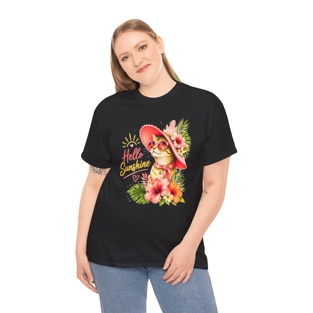 Hello Sunshine Cat Shirt | Cute Floral Cat T-Shirt | Tropical Summer Kitty Tee | Cat Lover Gift | Cute Women's Graphic Tee