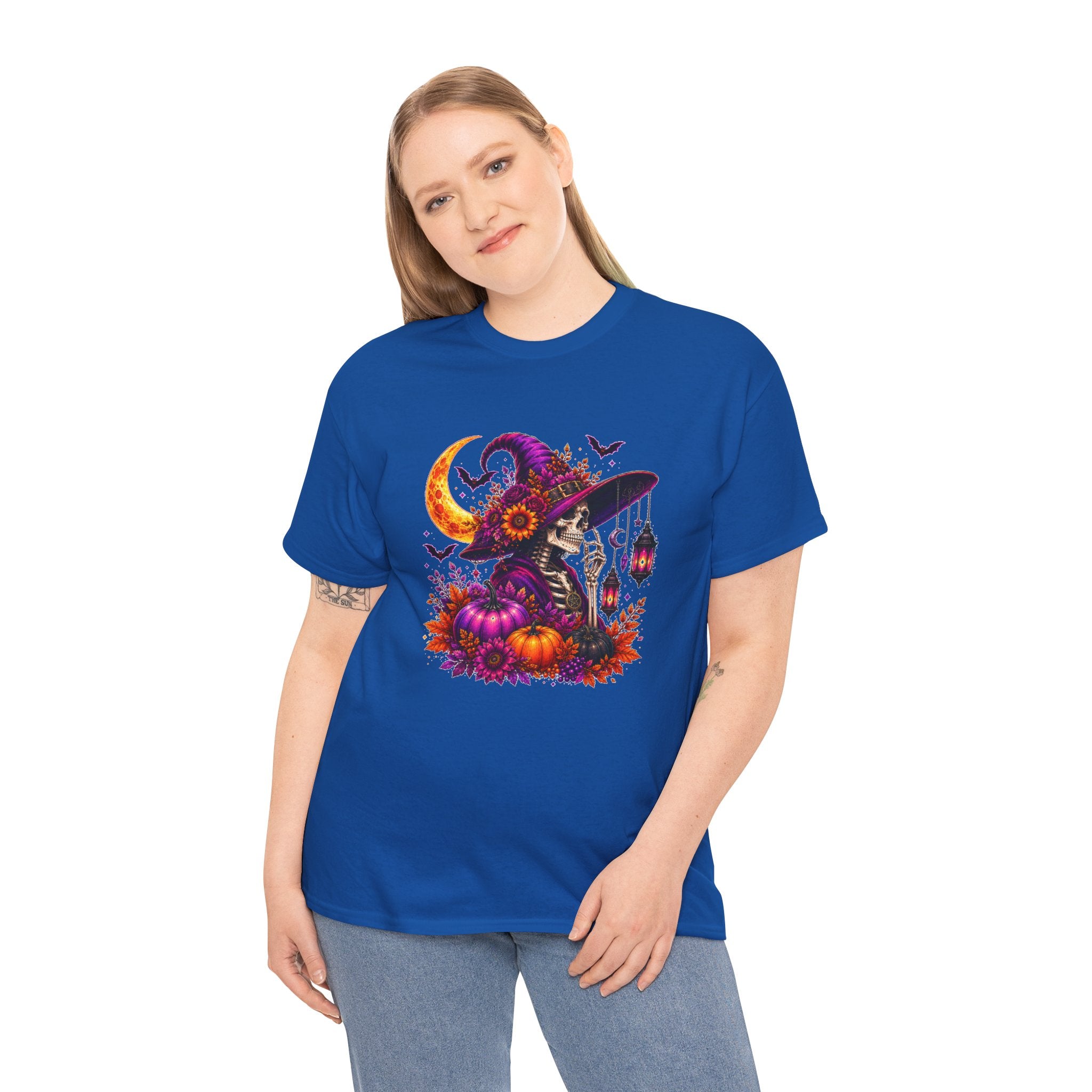 Halloween Witch Skeleton T-Shirt, Spooky Pumpkin Moon Tee, Gothic Fall Graphic Shirt, Halloween Gift for Her