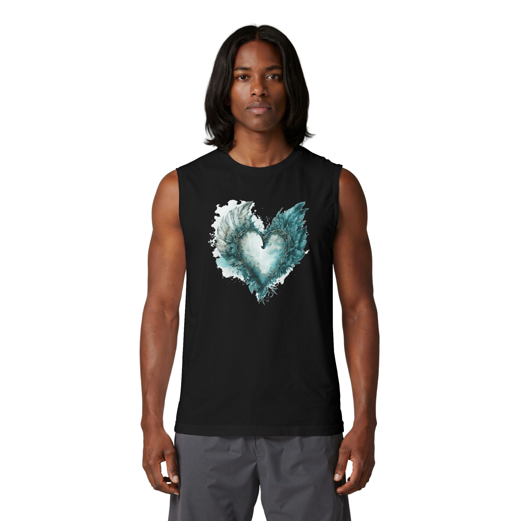 Angel Wing Heart Muscle Tank, Watercolor Winged Heart Shirt, Men's Graphic Tank Top, Aesthetic Heart Wings Tank