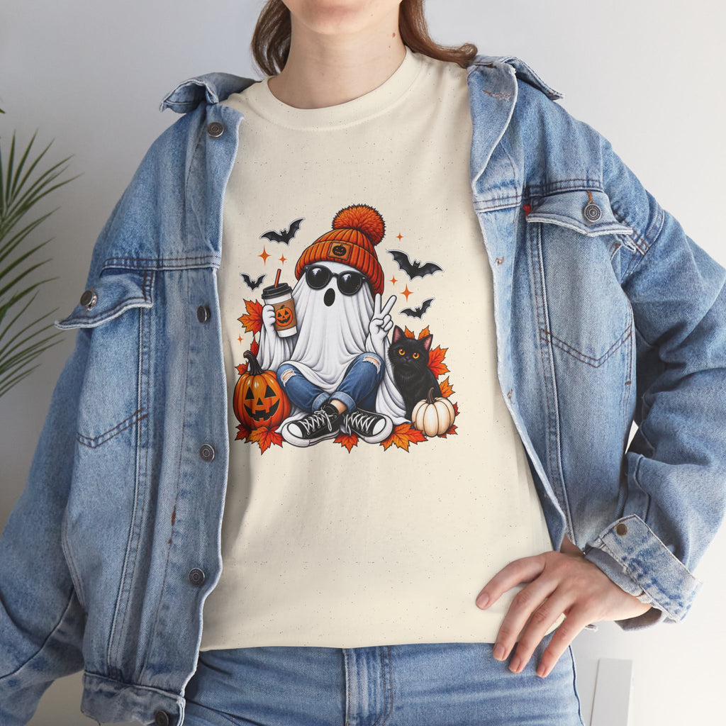 Halloween Ghost T-Shirt, Cute Spooky Pumpkin Cat Tee, Cozy Fall Coffee Graphic Shirt, Halloween Gift for Her