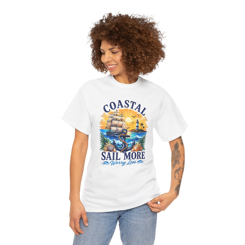 Coastal Sail More Worry Less T-Shirt | Nautical Beach Graphic Tee | Sailing Lover Shirt | Ocean Sunset Gift