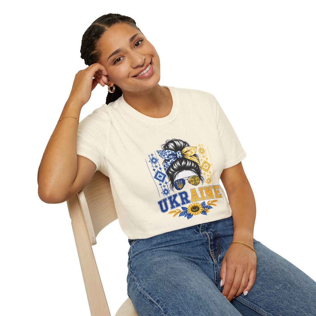 Ukraine Sunflower Hair Bun T-Shirt — Messy Bun with Blue & Yellow Bandana