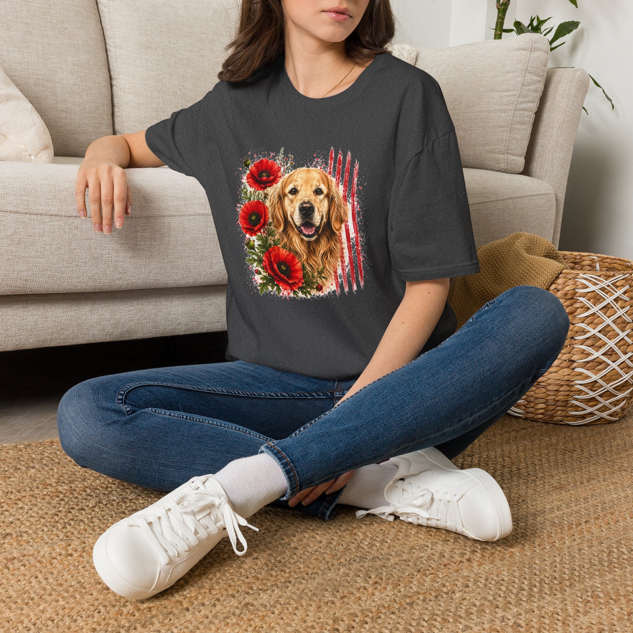 Golden Retriever Poppy T-Shirt | Patriotic Dog Lover Shirt | Golden Retriever Mom Gift | Floral Dog Graphic Tee | Unisex USA Shirt