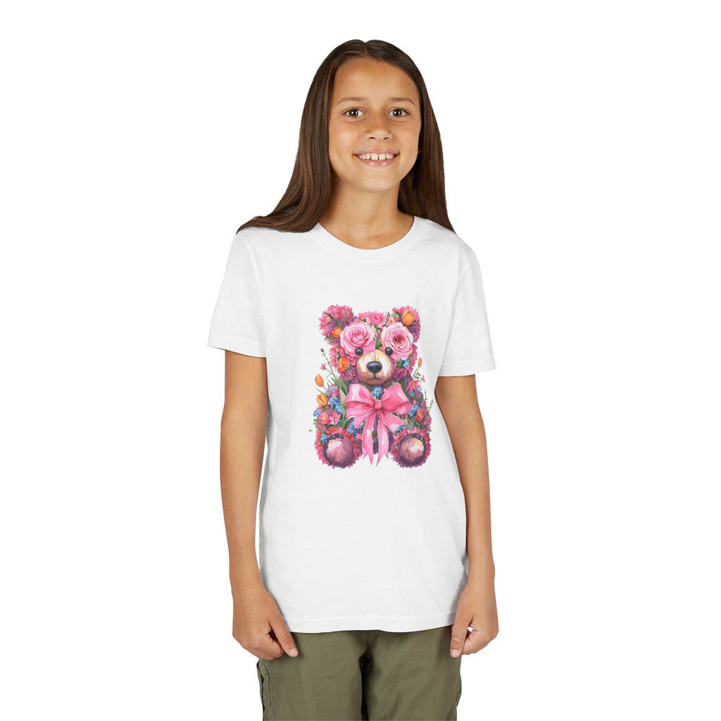 Floral Teddy Bear Kids T-Shirt, Cute Pink Bear Tee, Flower Bear Youth Shirt, Gift for Girls