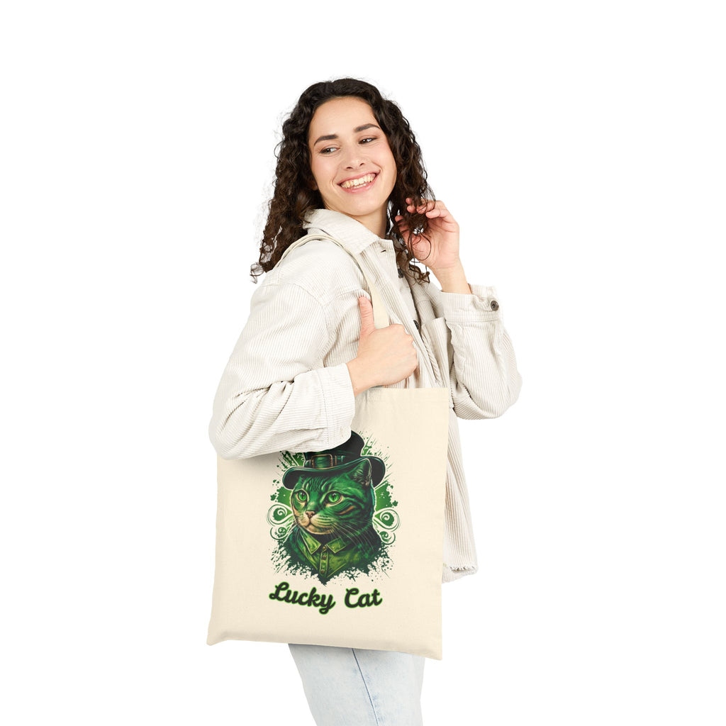 Lucky Cat Tote Bag – St. Patrick’s Day Green Kitty Canvas Tote
