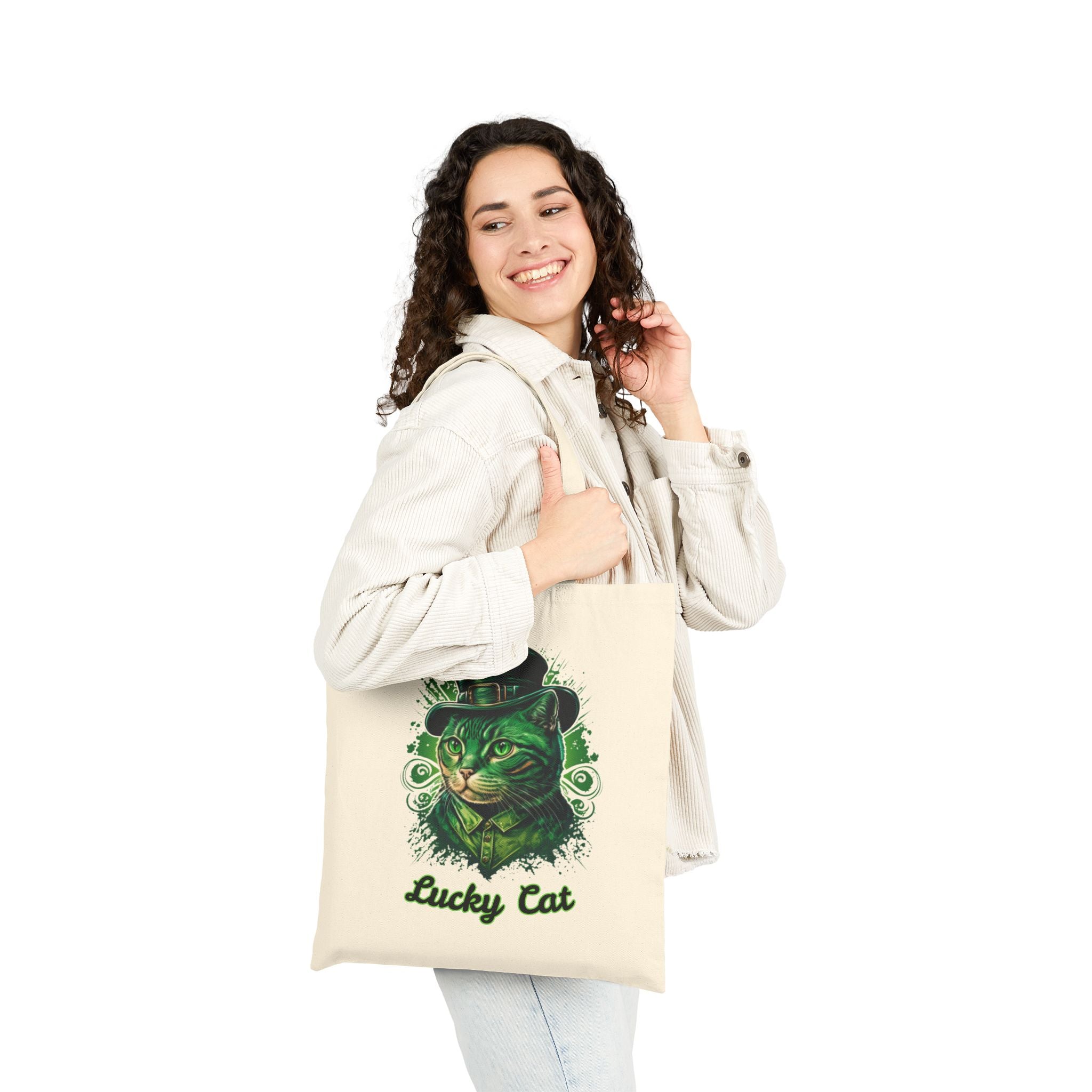 Lucky Cat Tote Bag – St. Patrick’s Day Green Kitty Canvas Tote