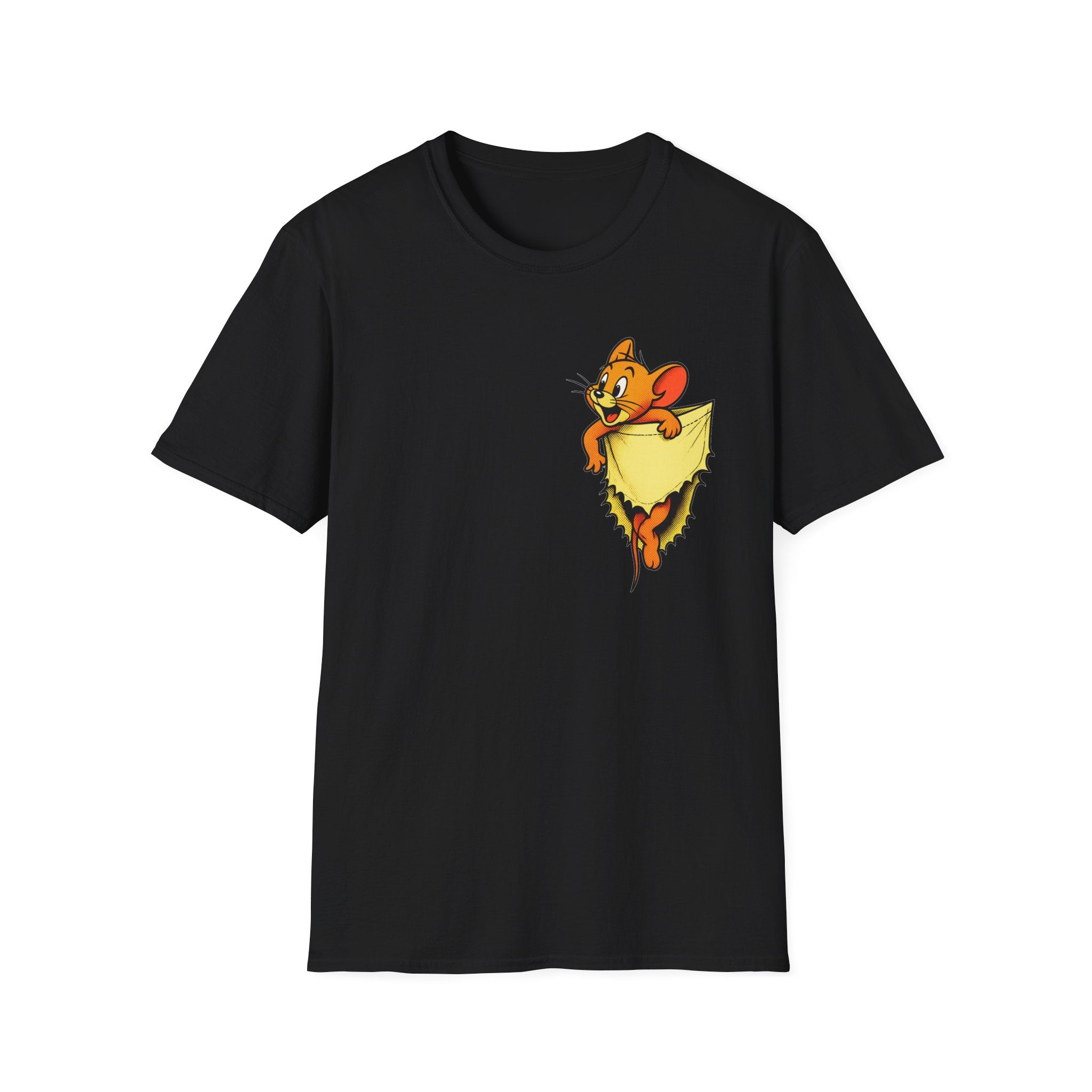 Jerry Pocket Tee — Cute Cartoon Mouse Peeking From Cheese T-Shirt