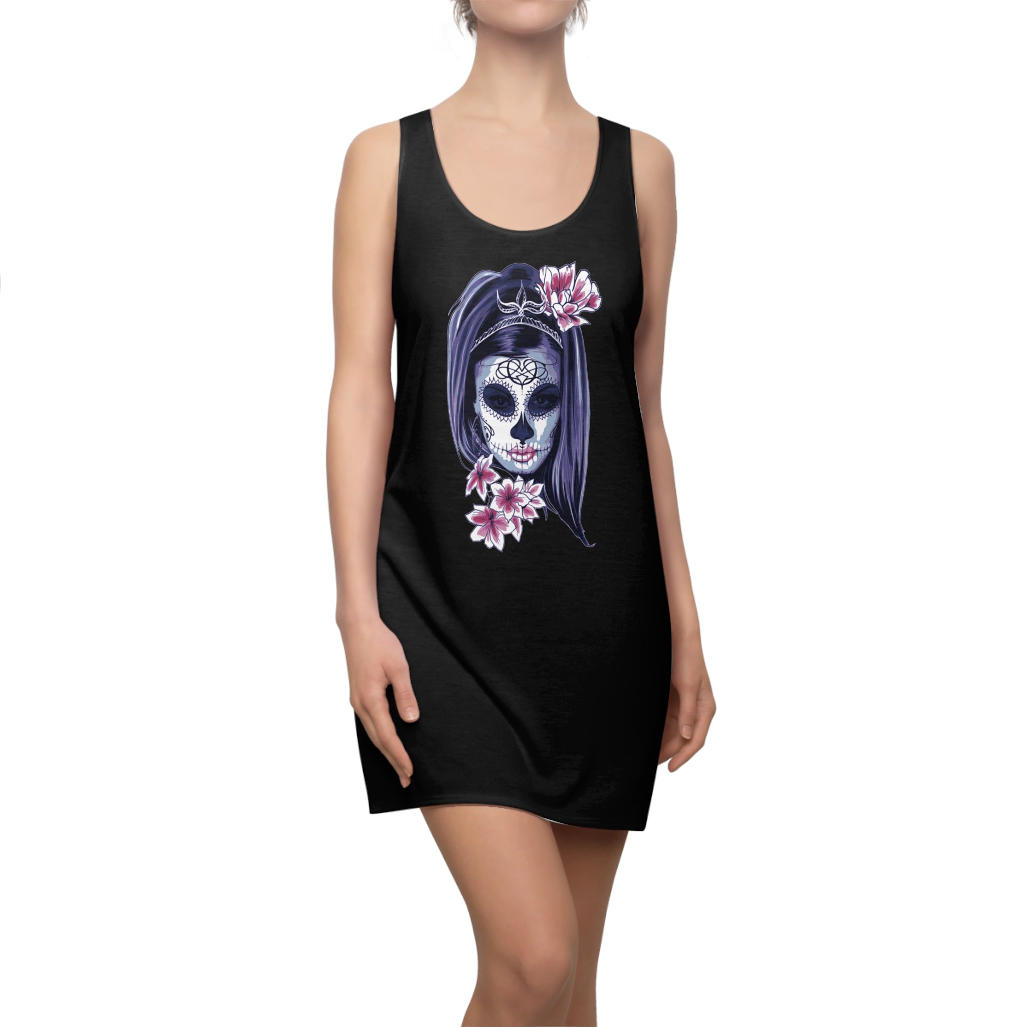 Sugar Skull Woman Dress, Day of the Dead Graphic Dress, Gothic Floral Racerback Dress, Aesthetic Mini Dress