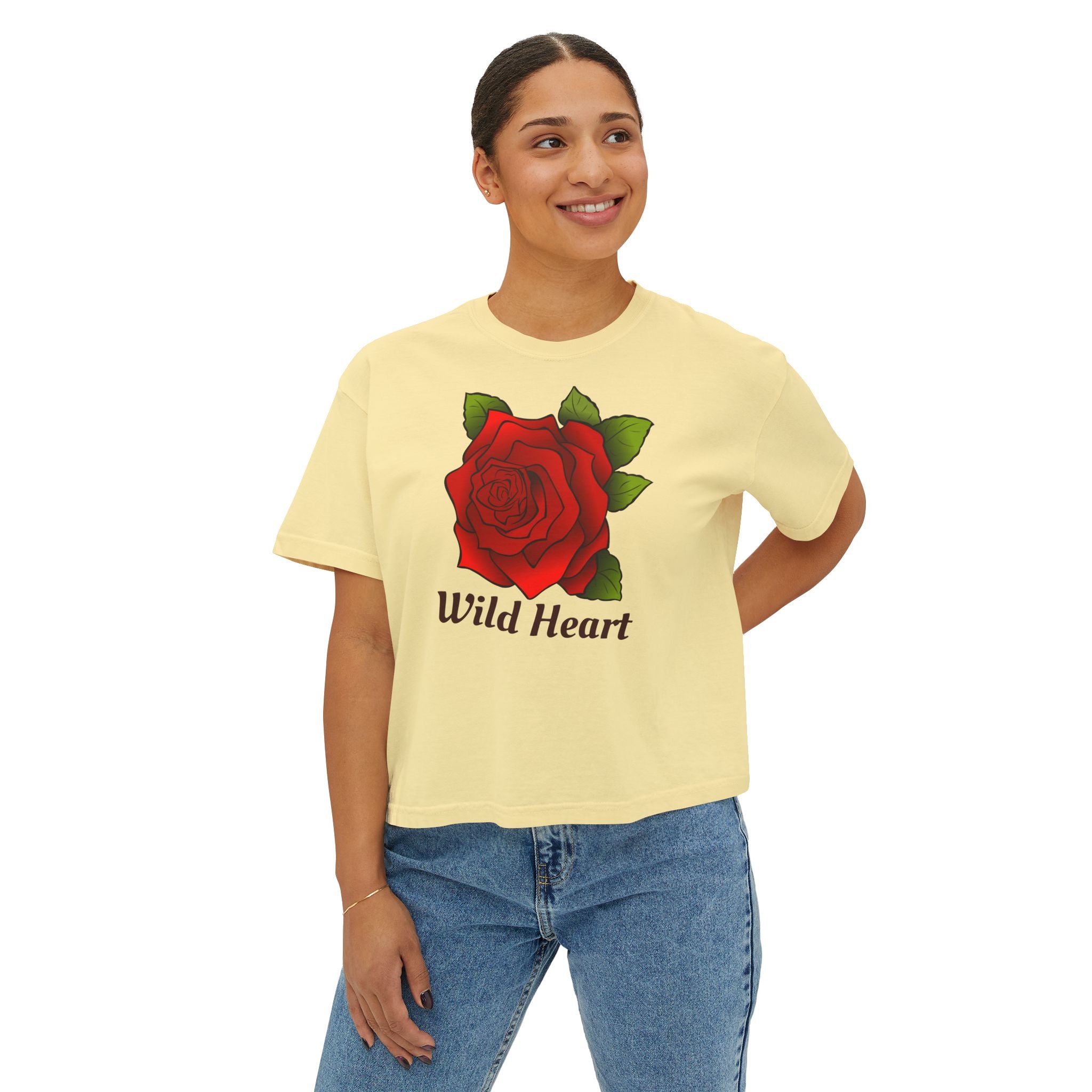 Wild Heart Rose T-Shirt for Women Vintage Floral Boxy Tee