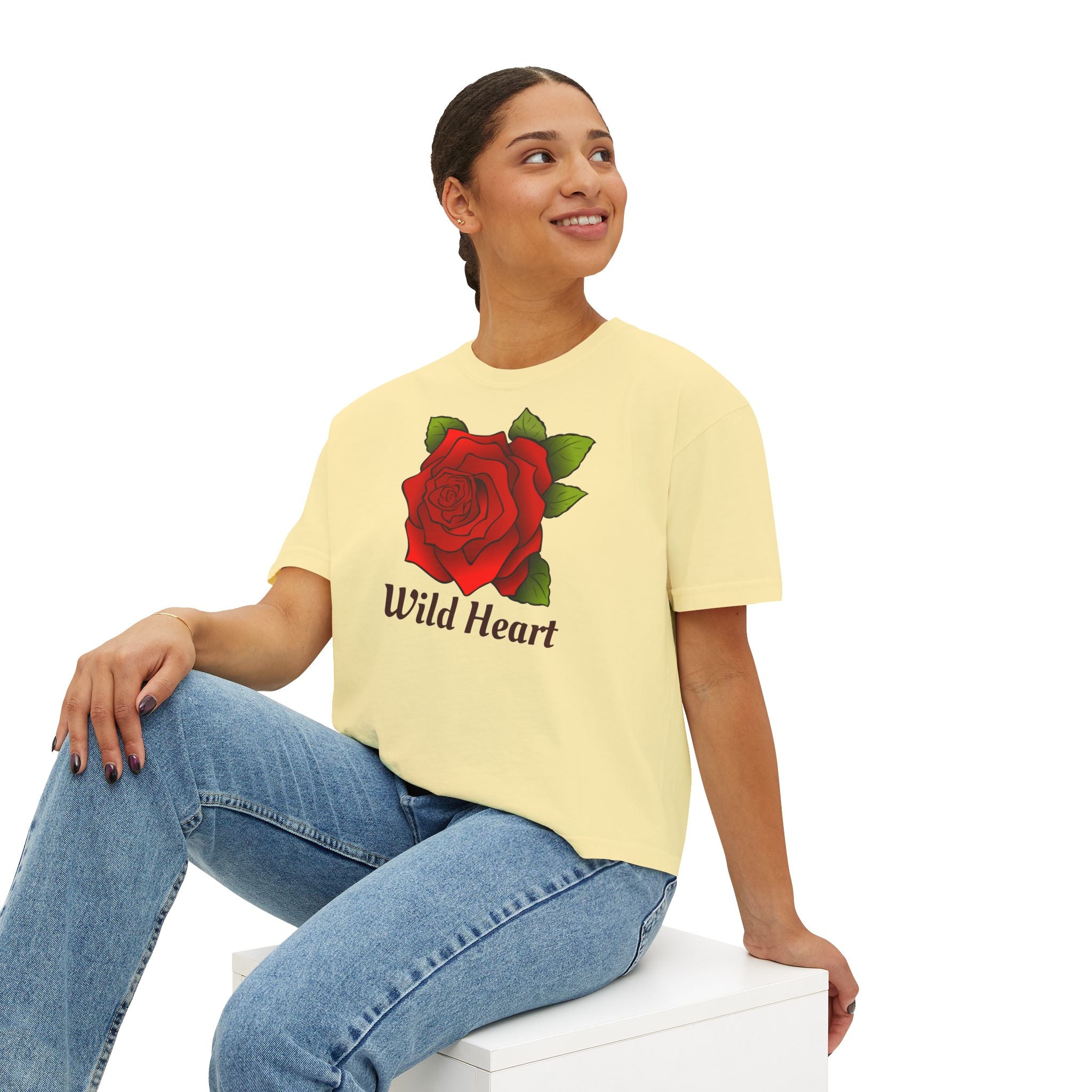 Wild Heart Rose T-Shirt for Women Vintage Floral Boxy Tee