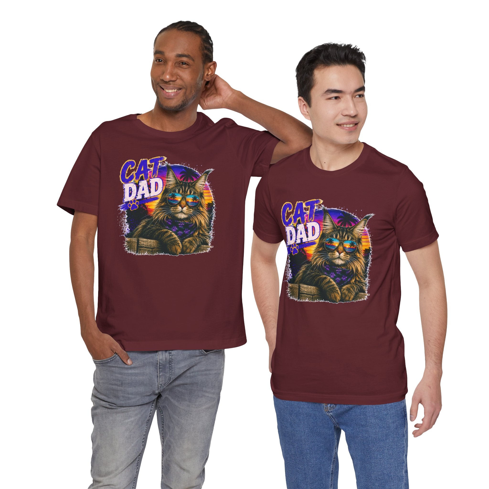 Cat Dad Maine Coon T-Shirt | Retro Sunset Cat Lover Shirt | Funny Cat Dad Gift | Vintage Graphic Tee for Men