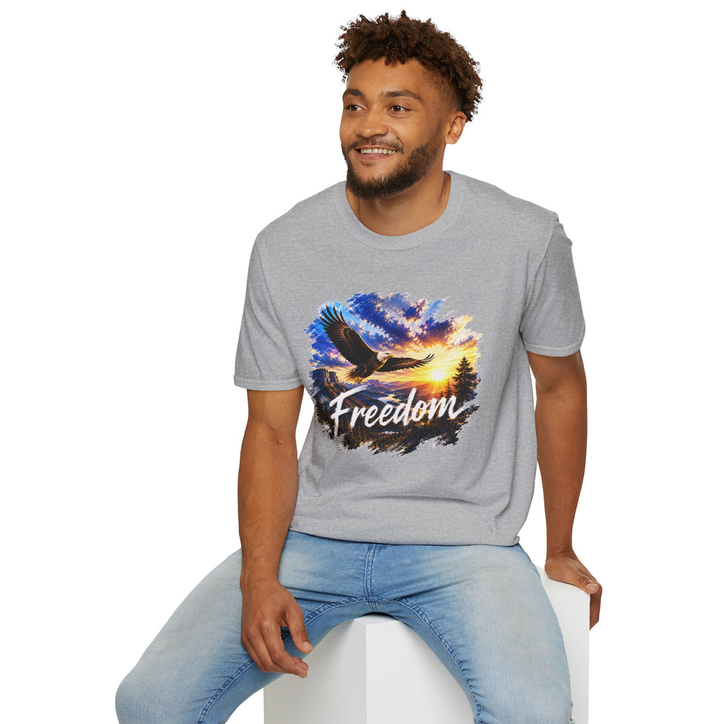Freedom Eagle T-Shirt, Soaring Eagle Graphic Tee, Sunset Wildlife Shirt, Nature Lover Gift, Unisex Outdoor Tee