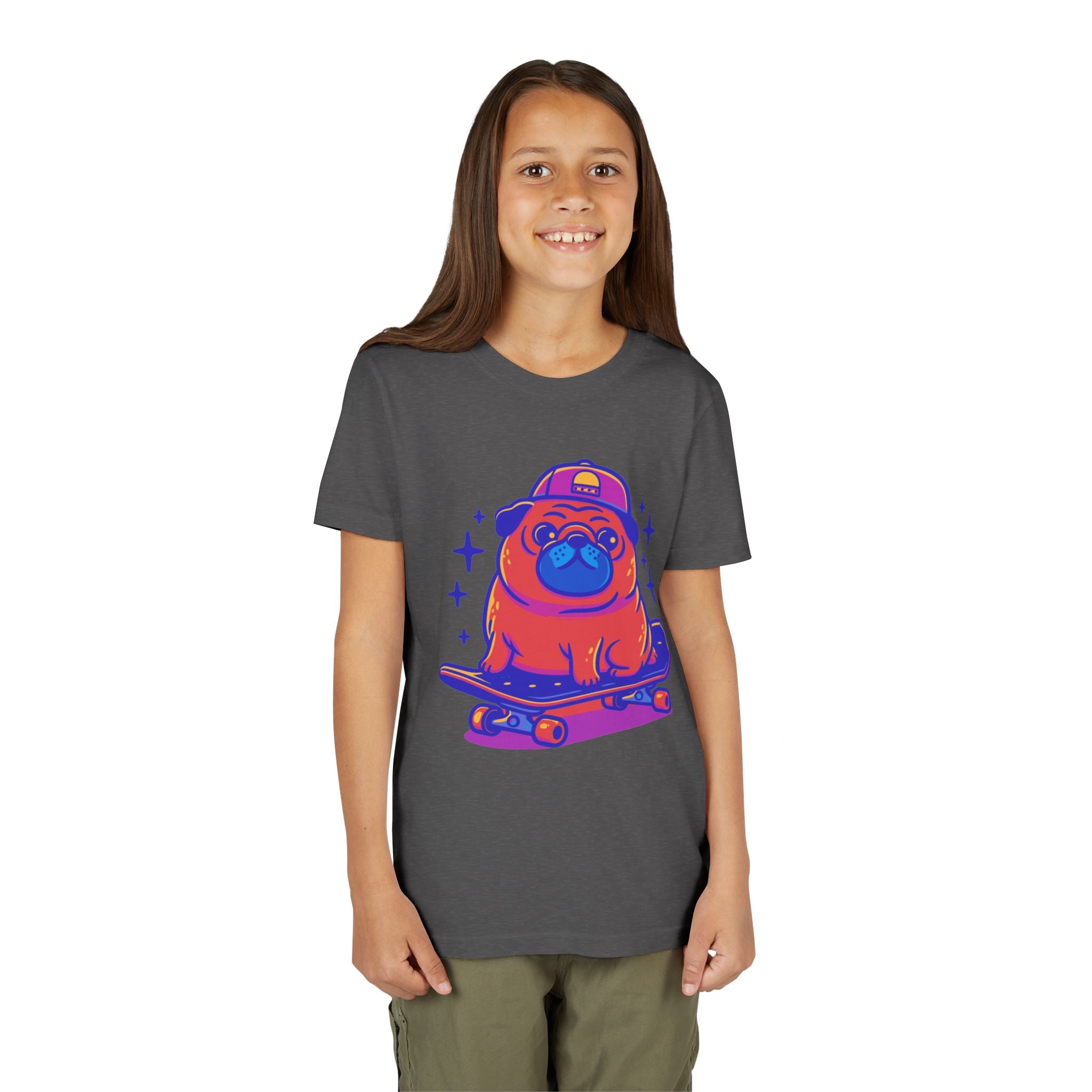 Cute Skateboarding Pug Kids T-Shirt | Funny Dog Graphic Tee for Boys & Girls | Youth Streetwear Shirt