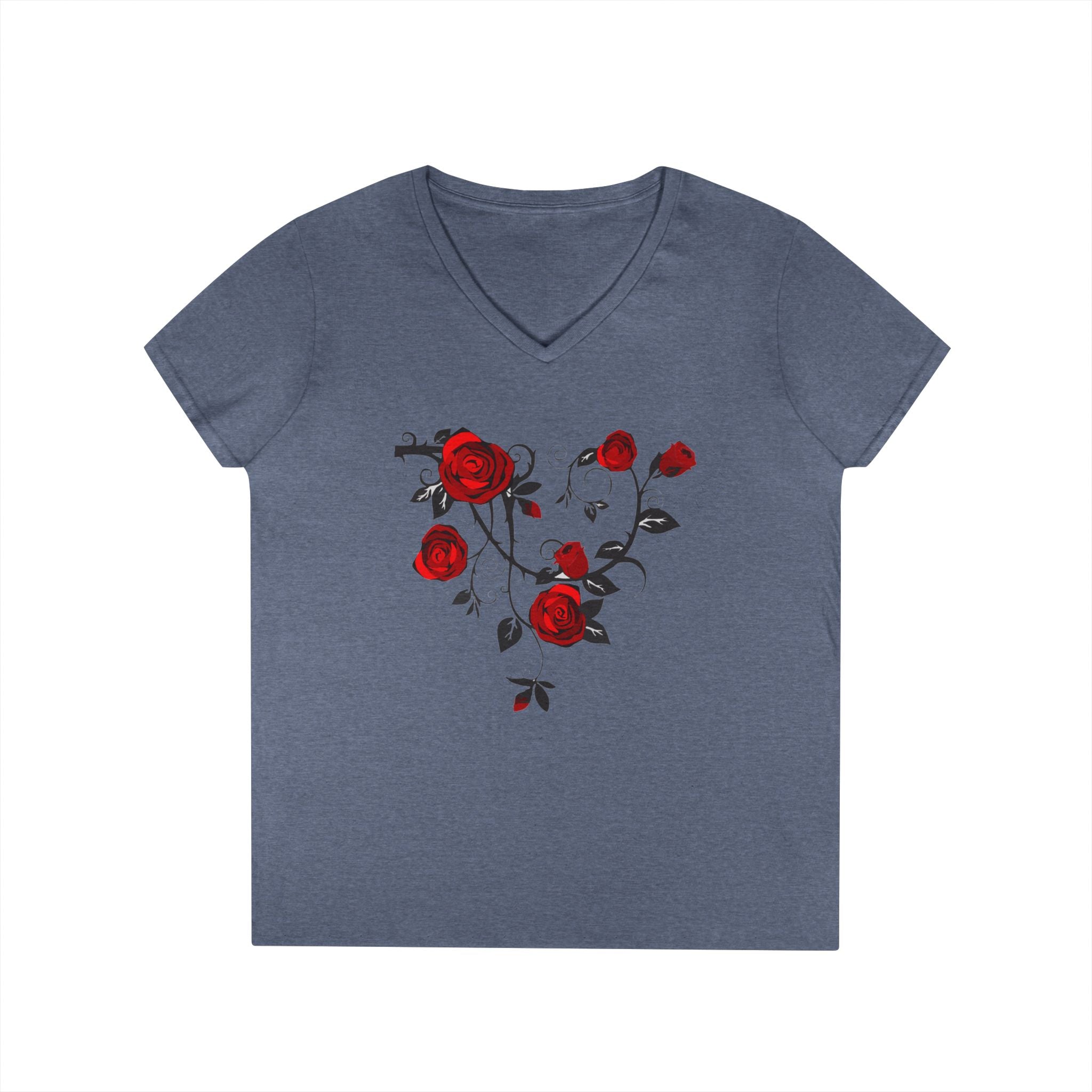 Rose Heart V-Neck Tee — Floral Red Roses Women's T-Shirt