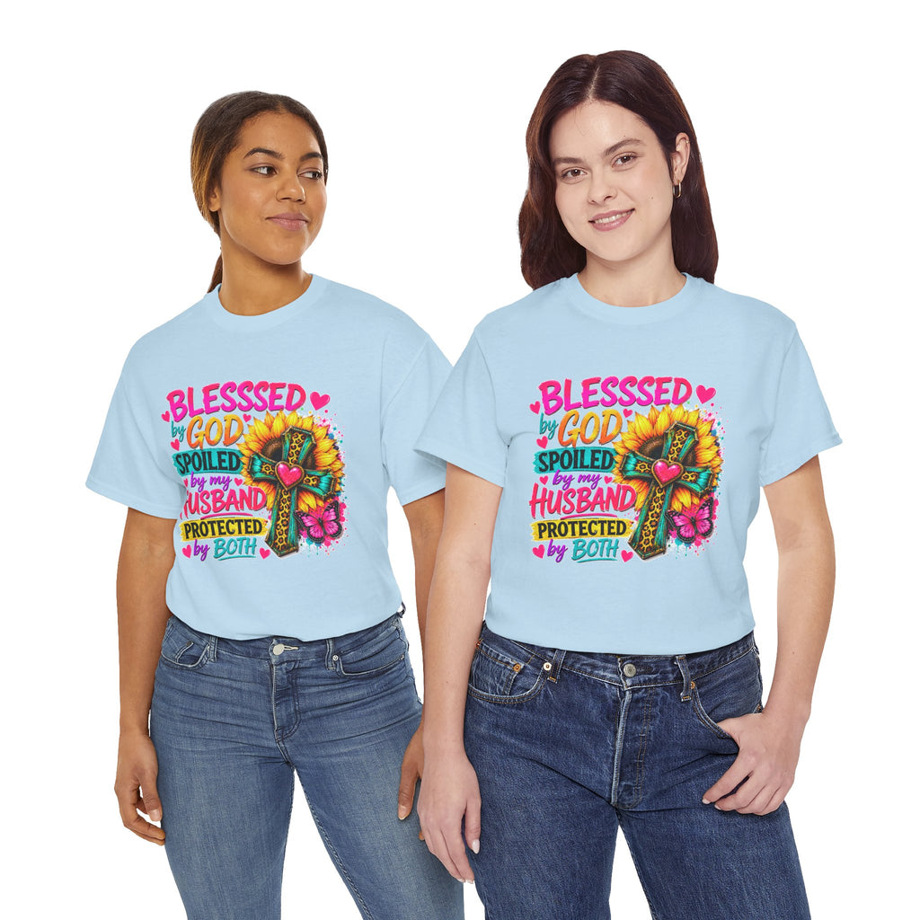 Blessed by God Spoiled by My Husband Tee — Christian Cross Floral Women's Shirt