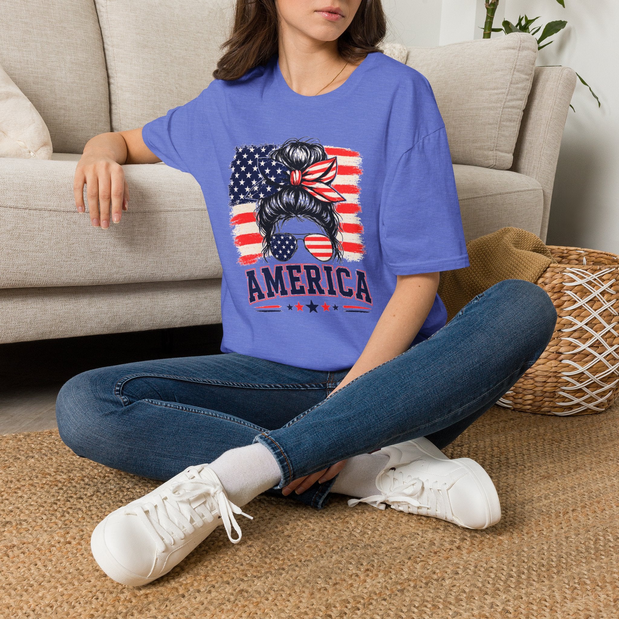T-Shirt — Messy Bun American Flag Design (Patriotic Hair Band & Sunglasses)
