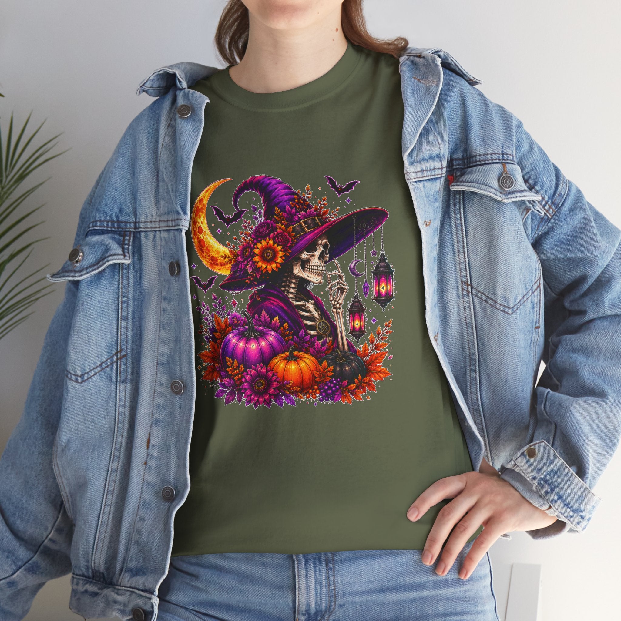 Halloween Witch Skeleton T-Shirt, Spooky Pumpkin Moon Tee, Gothic Fall Graphic Shirt, Halloween Gift for Her