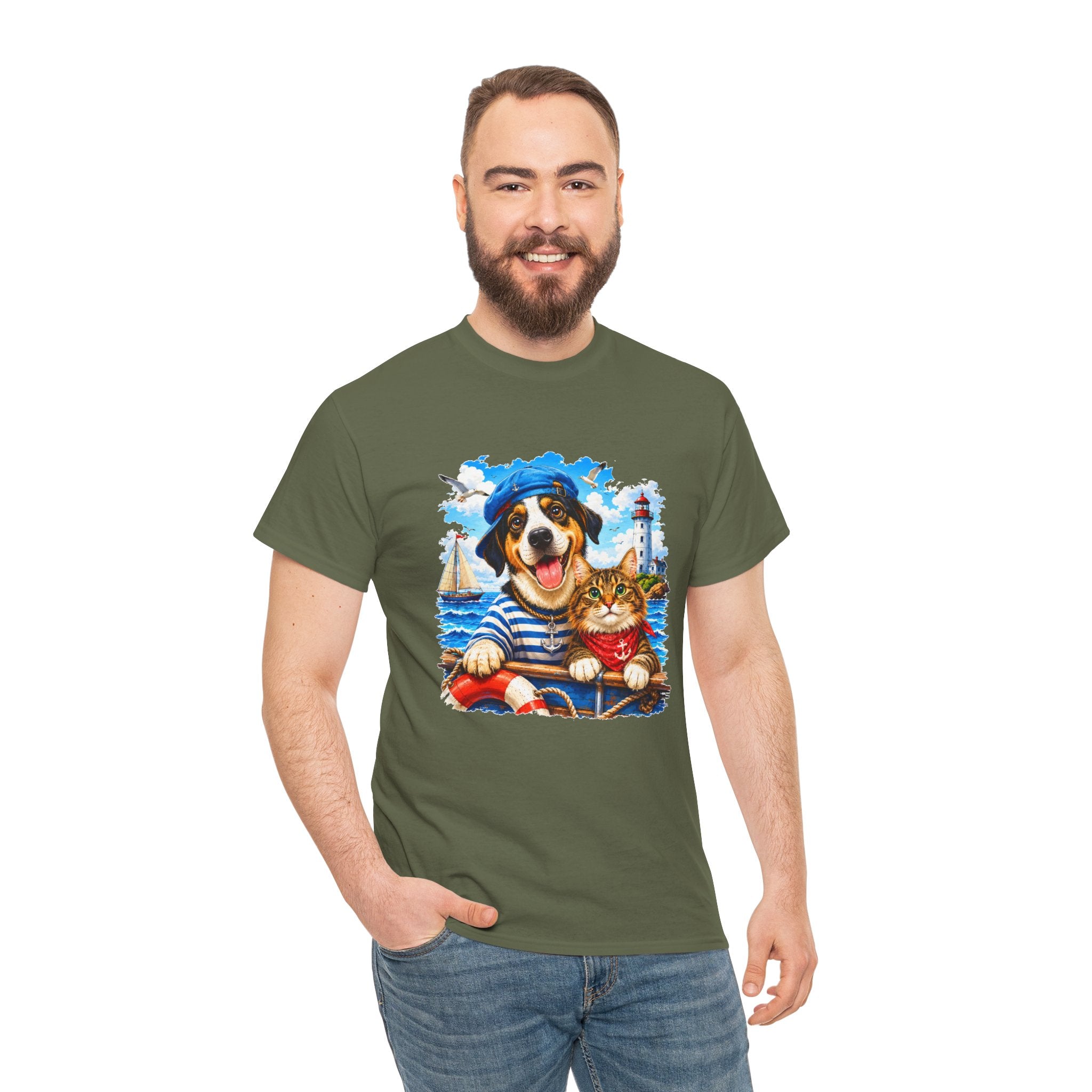 Nautical Dog & Cat T-Shirt | Sailor Pet Graphic Tee | Coastal Animal Lover Shirt | Beach Dog Cat Gift