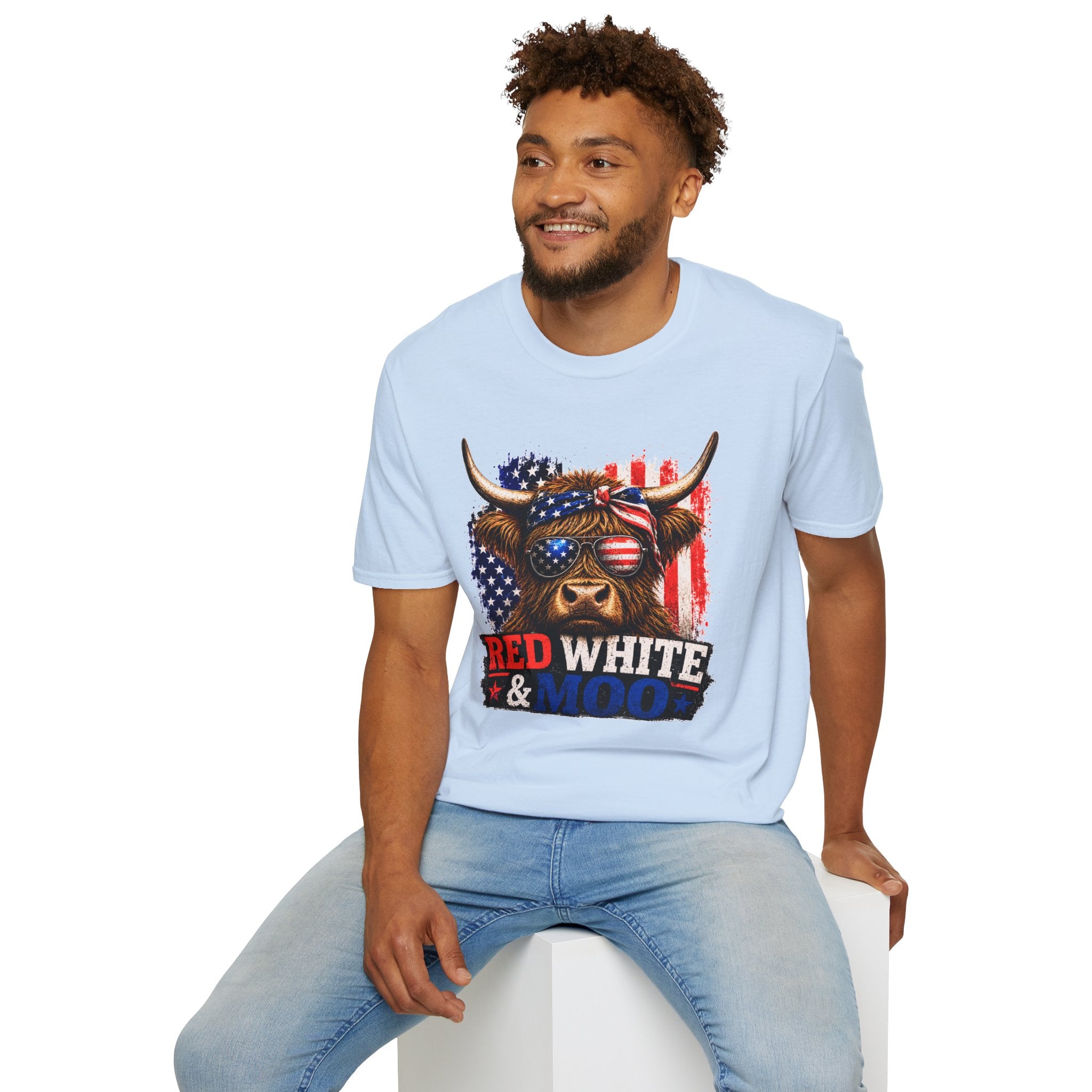 Patriotic Cow Graphic T-Shirt — "Red White & Moo" American Flag Tee