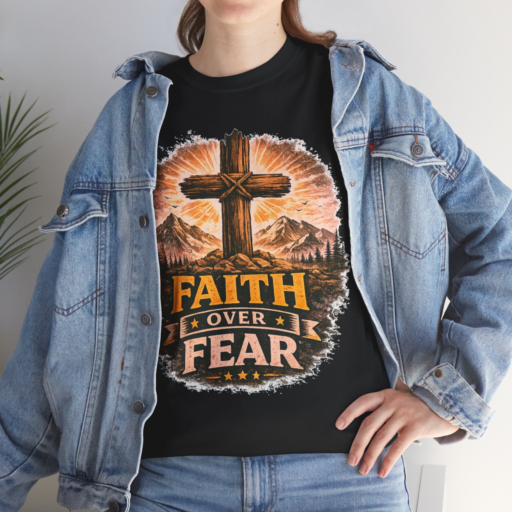 Faith Over Fear T-Shirt | Christian Cross Shirt | Religious Graphic Tee | Bible Verse Gift | Men's Faith Shirt