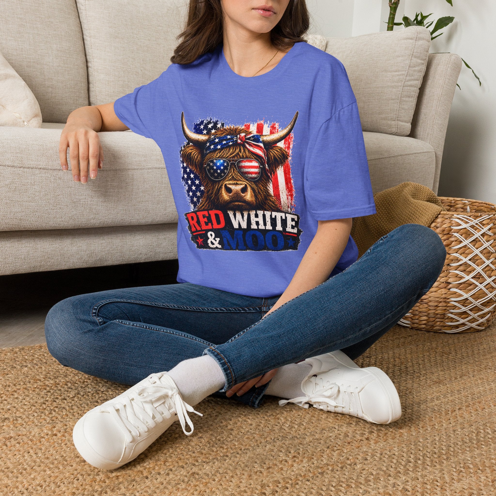 Patriotic Cow Graphic T-Shirt — "Red White & Moo" American Flag Tee