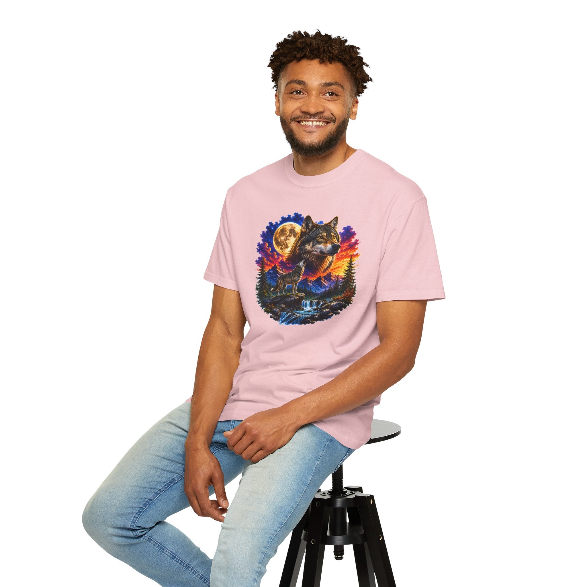 Colorful Wolf Moon T-Shirt, Nature Lover Gift, Howling Wolf Graphic Tee, Mountain Forest Shirt, Wildlife Adventure Tee