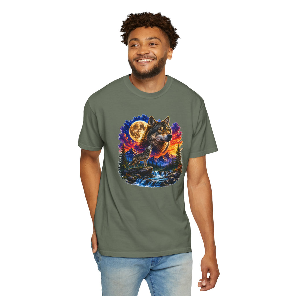 Colorful Wolf Moon T-Shirt, Nature Lover Gift, Howling Wolf Graphic Tee, Mountain Forest Shirt, Wildlife Adventure Tee