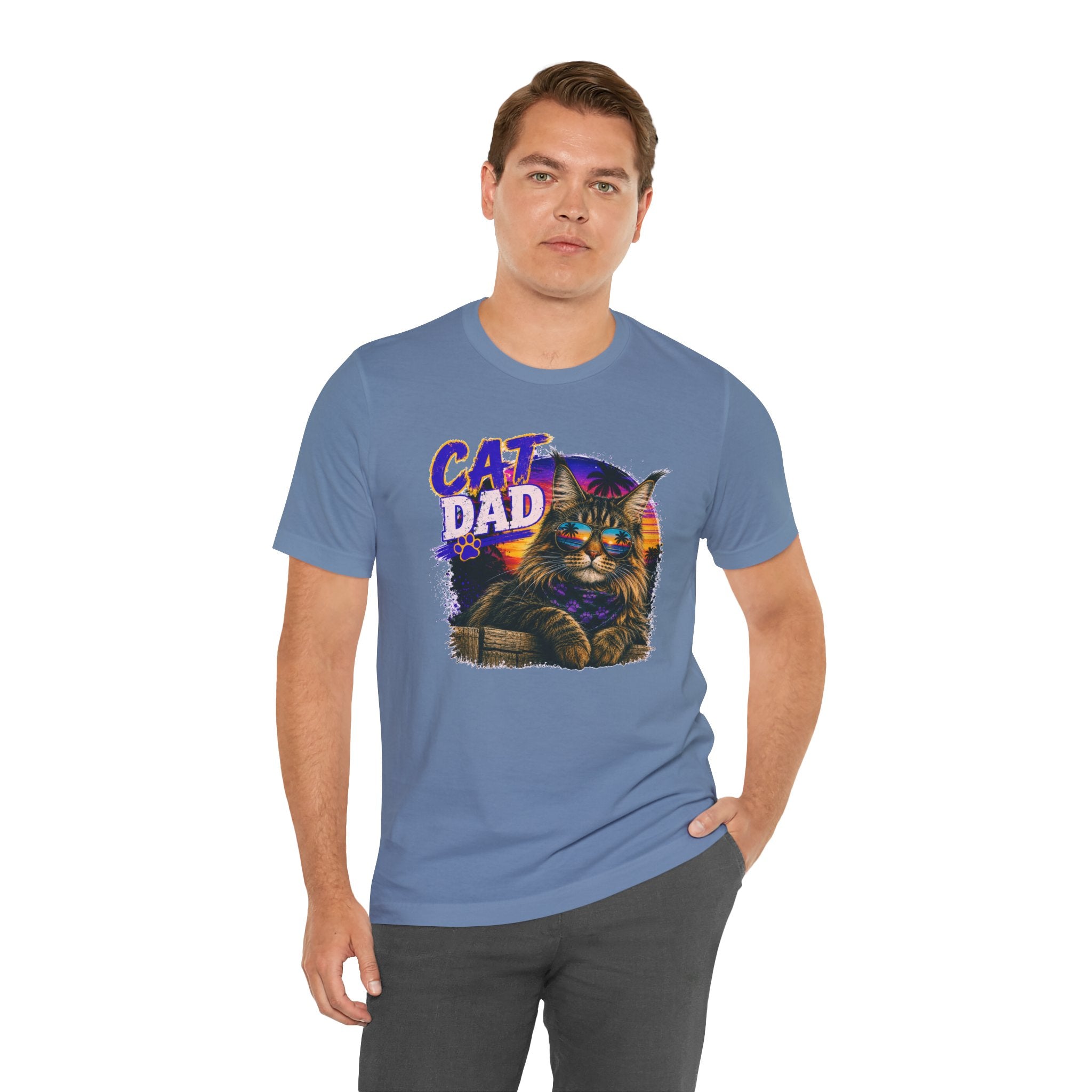 Cat Dad Maine Coon T-Shirt | Retro Sunset Cat Lover Shirt | Funny Cat Dad Gift | Vintage Graphic Tee for Men