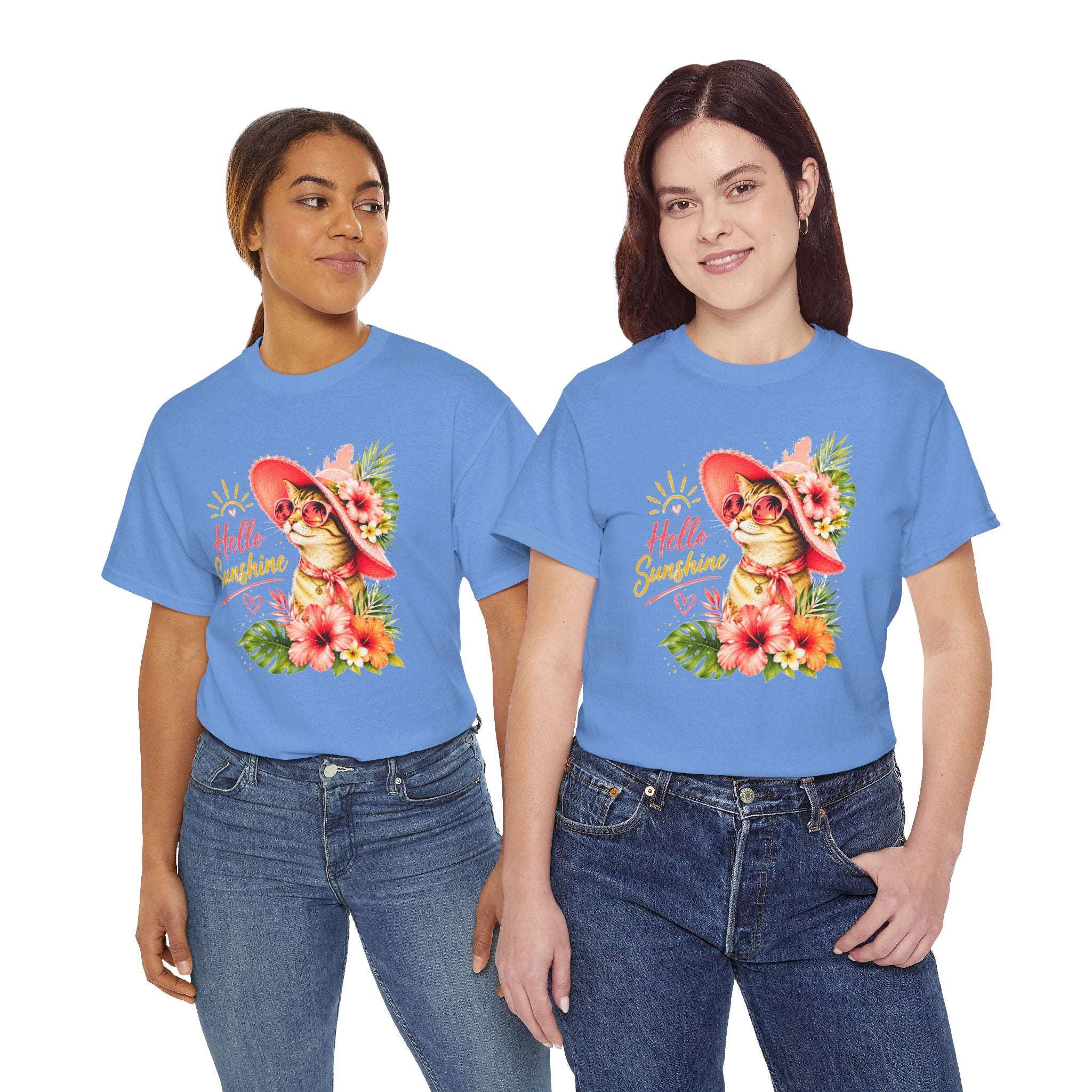 Hello Sunshine Cat Shirt | Cute Floral Cat T-Shirt | Tropical Summer Kitty Tee | Cat Lover Gift | Cute Women's Graphic Tee