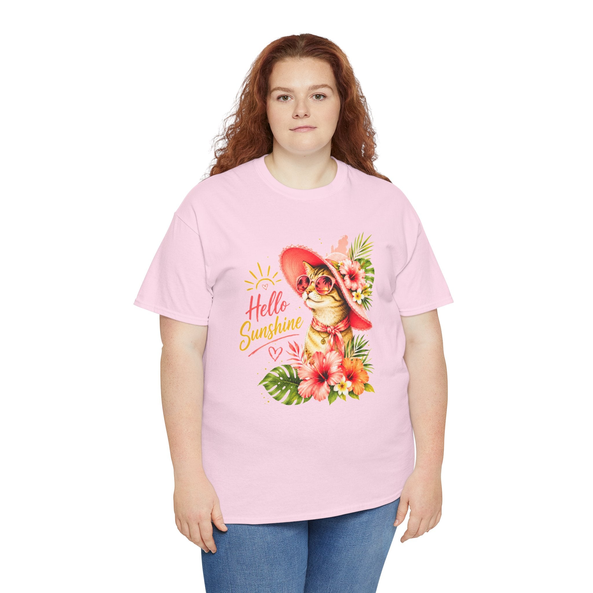 Hello Sunshine Cat Shirt | Cute Floral Cat T-Shirt | Tropical Summer Kitty Tee | Cat Lover Gift | Cute Women's Graphic Tee