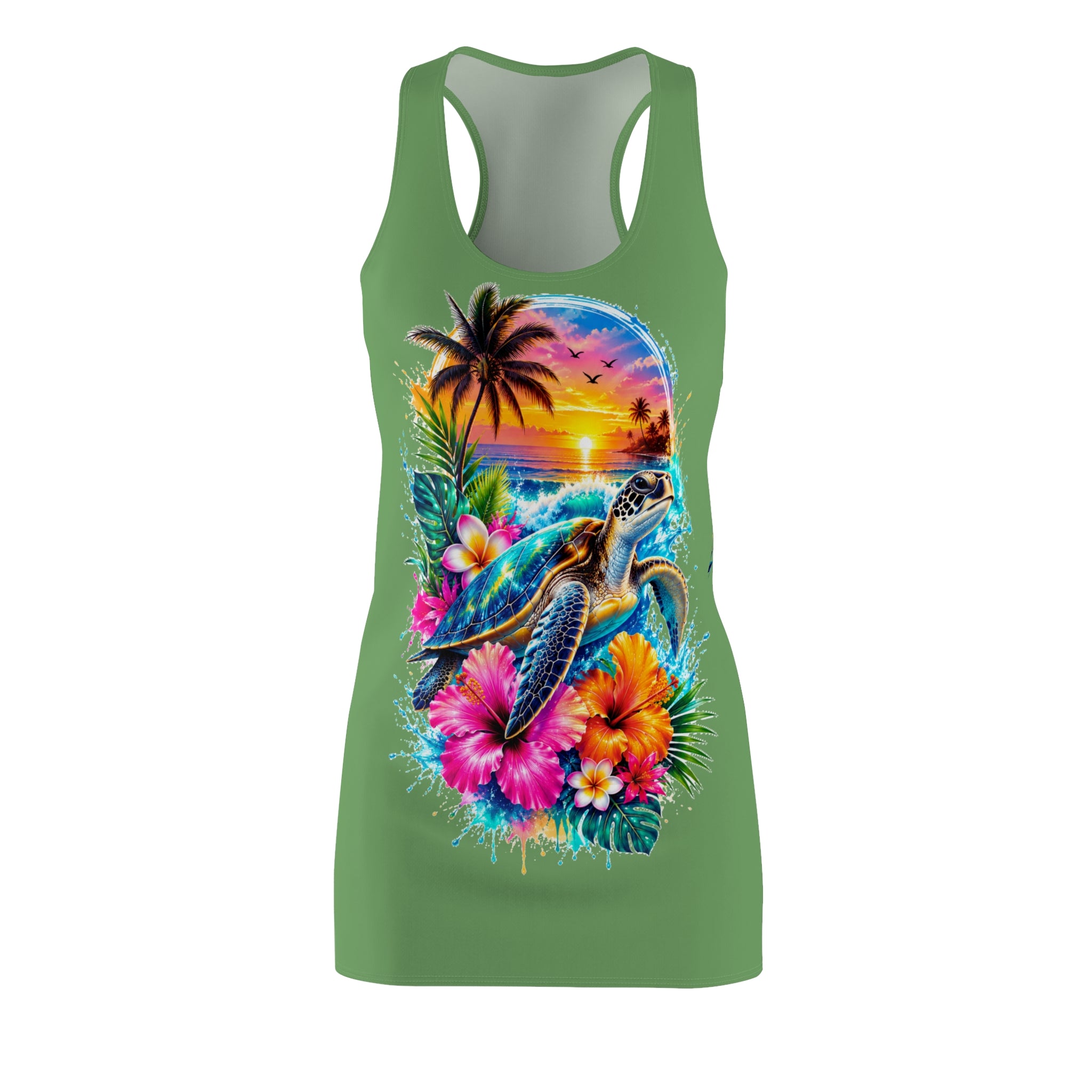 Tropical Sea Turtle Racerback Dress — Sunset Hawaiian Floral Beachwear