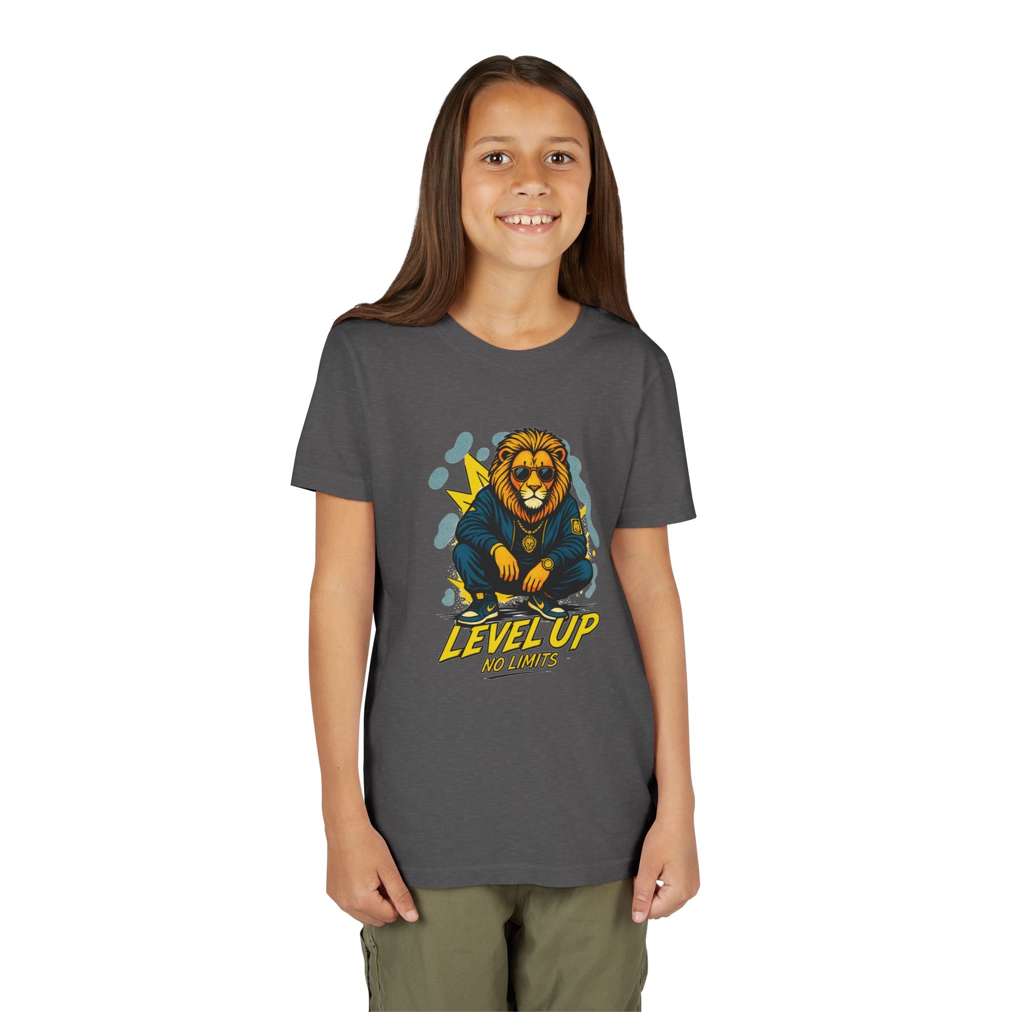 Youth Tee — 'Level Up No Limits' Lion Graphic Shirt