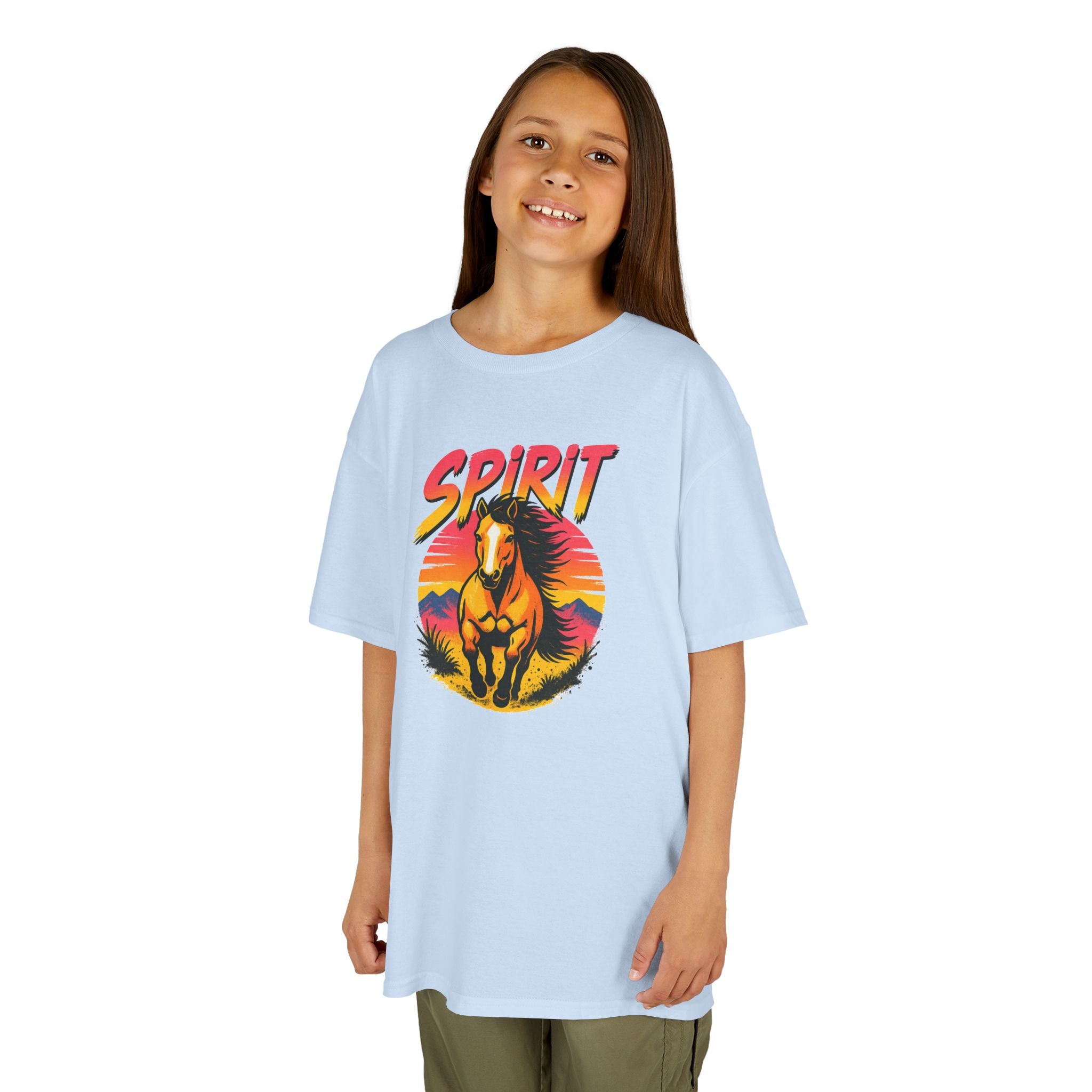 Spirit Horse Kids T‑Shirt — Retro Sunset Wild Horse Graphic Tee