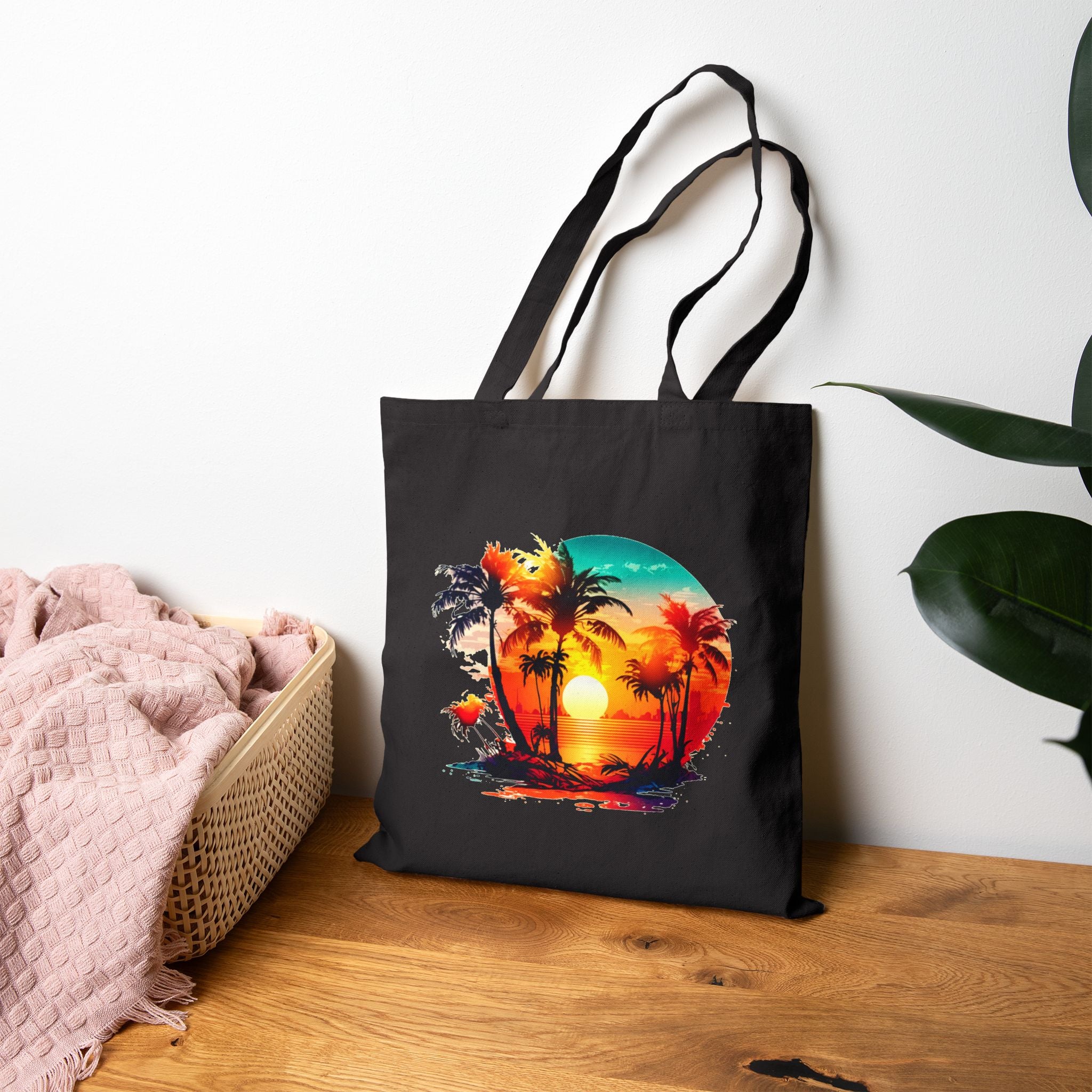 Tropical Sunset Tote Bag, Beach Canvas Tote, Summer Palm Tree Bag, Aesthetic Beach Bag