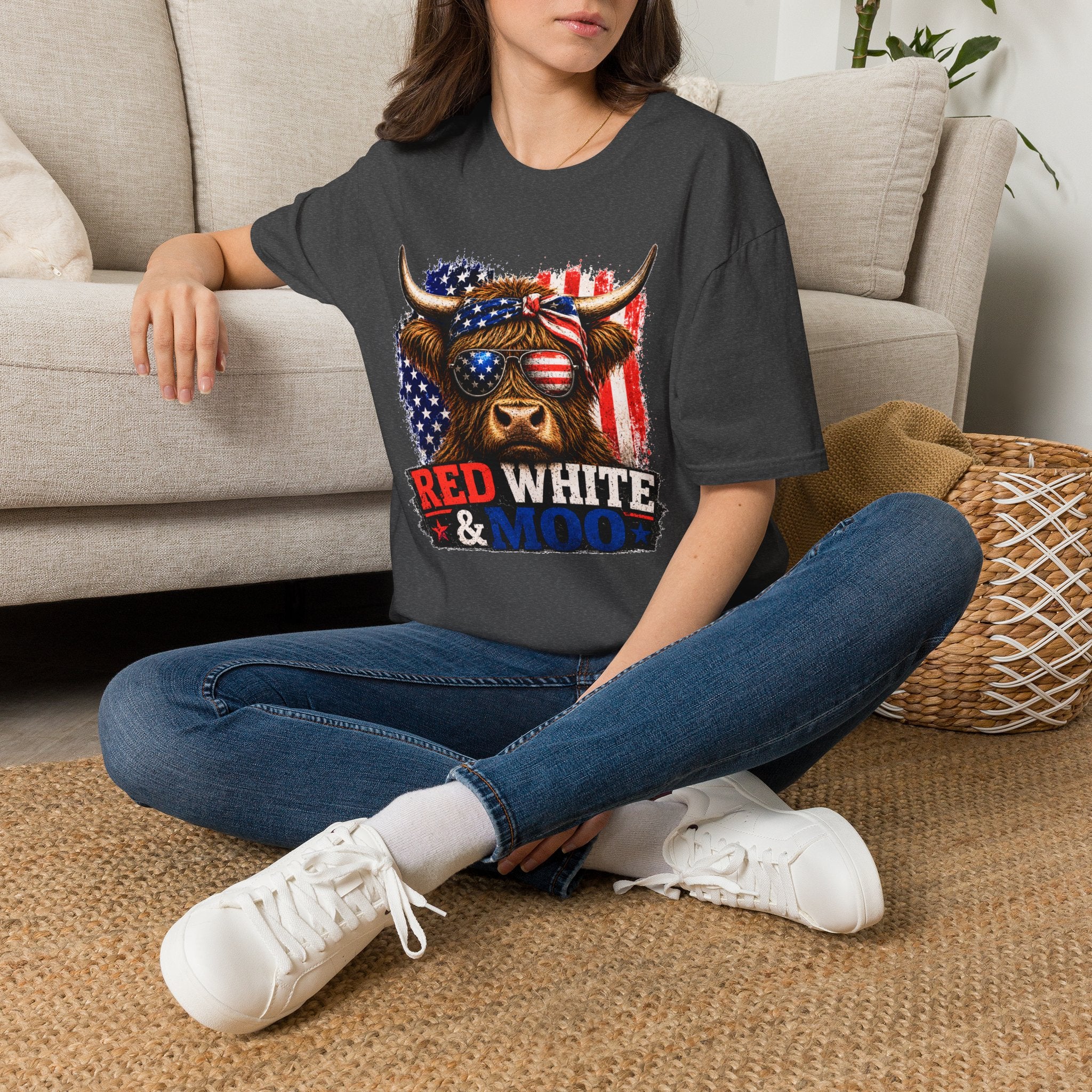 Patriotic Cow Graphic T-Shirt — "Red White & Moo" American Flag Tee